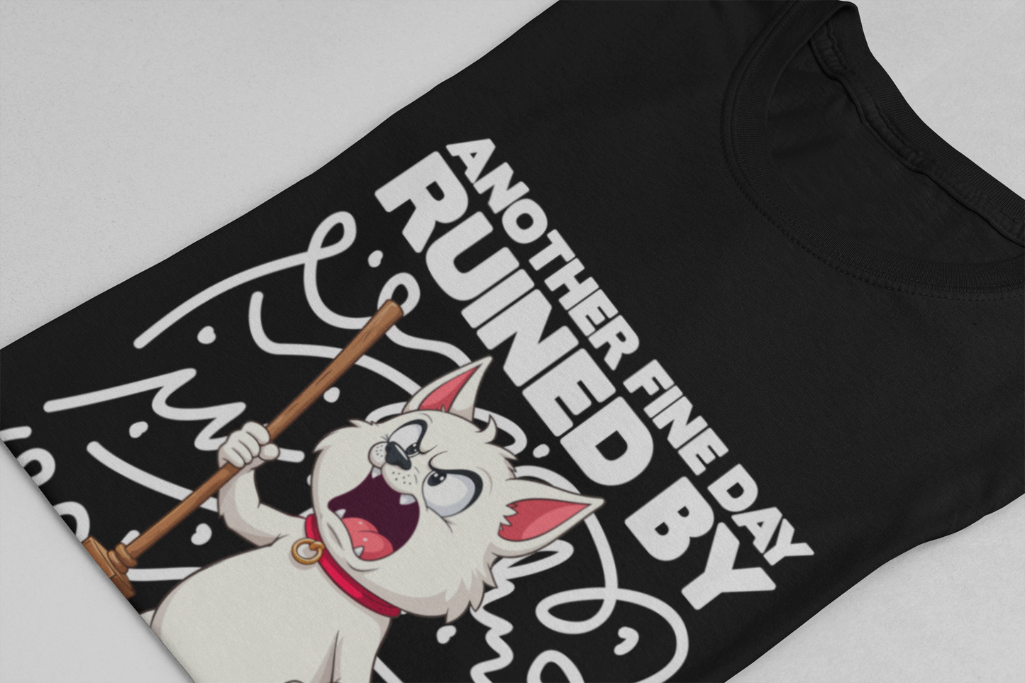 Another Fine Day Ruined By Responsibility T-Shirt – Angry Cat with Broom Graphic Tee