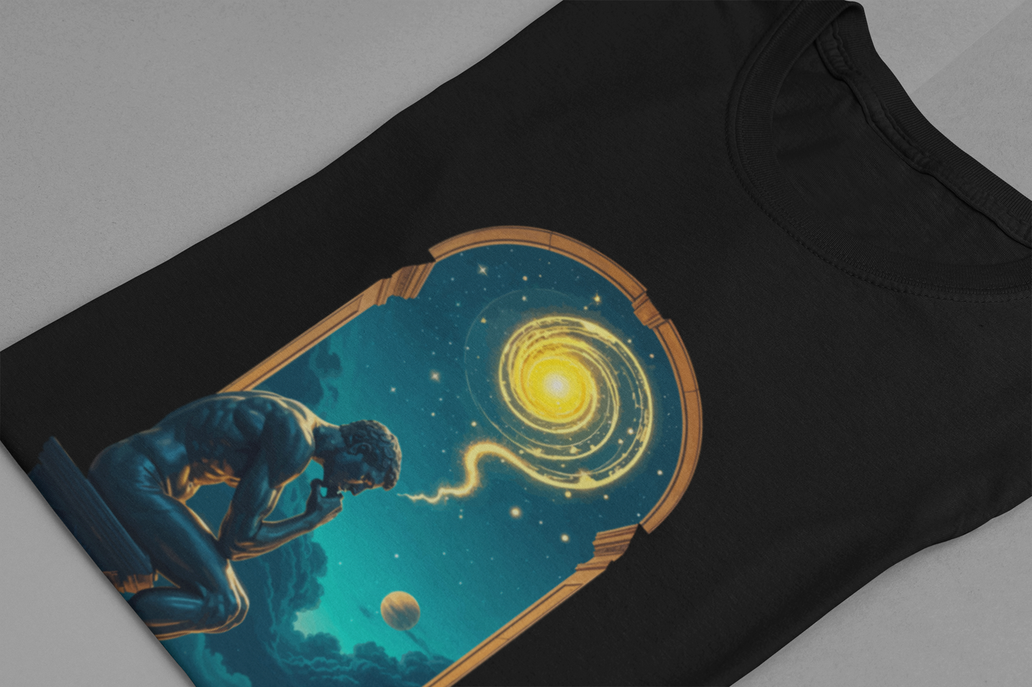 Muscular Statue Deep in Thought on Stage with Scenic Window View Graphic T-Shirt