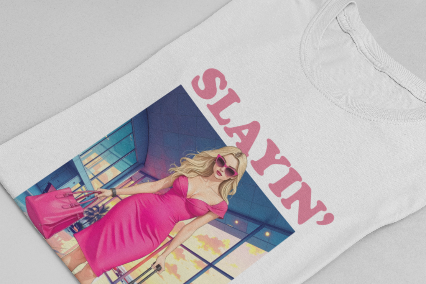 Slayin’ – Pink Airport Lounge Fashion Graphic T-Shirt