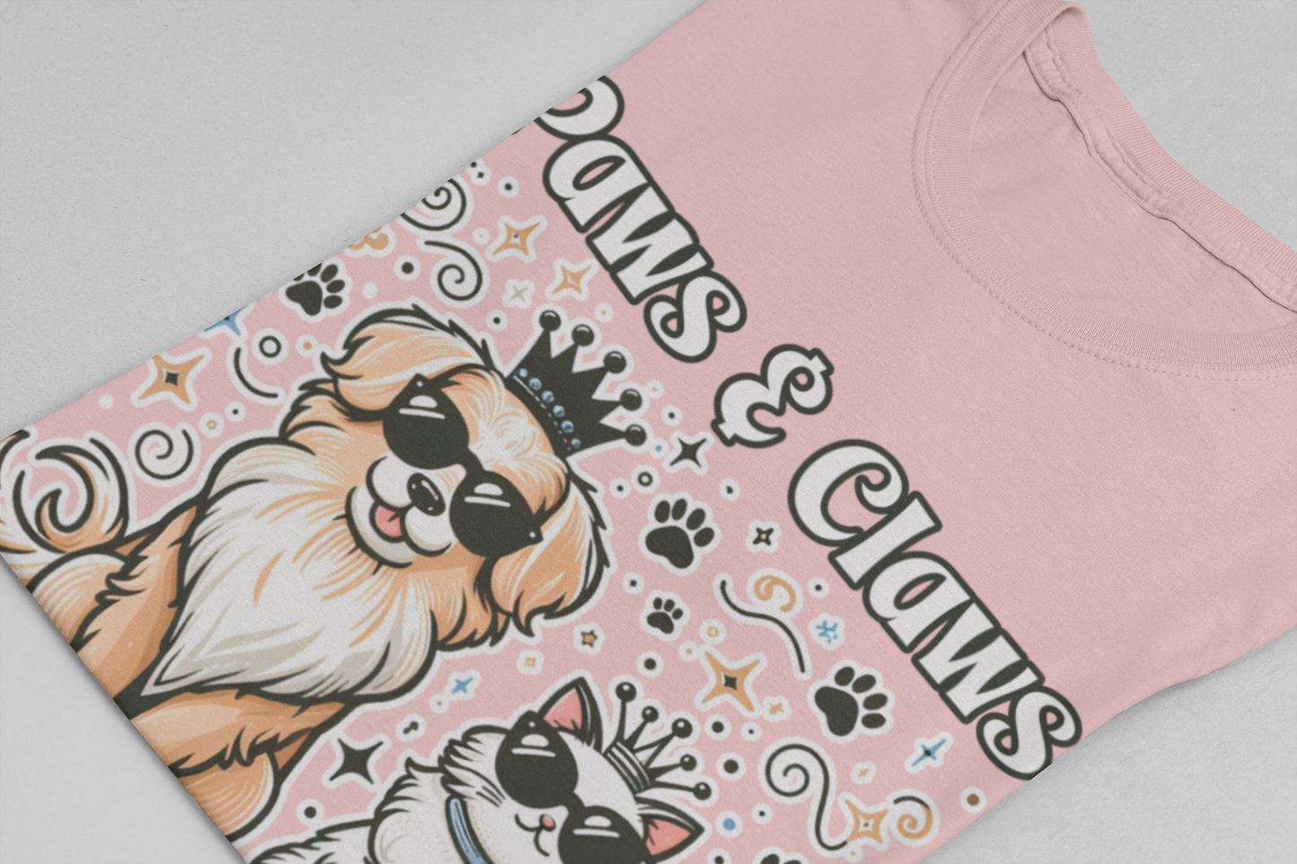 Paws and Claws Rule the House | Smiling Dog & Cat with Paw Shapes T-Shirt