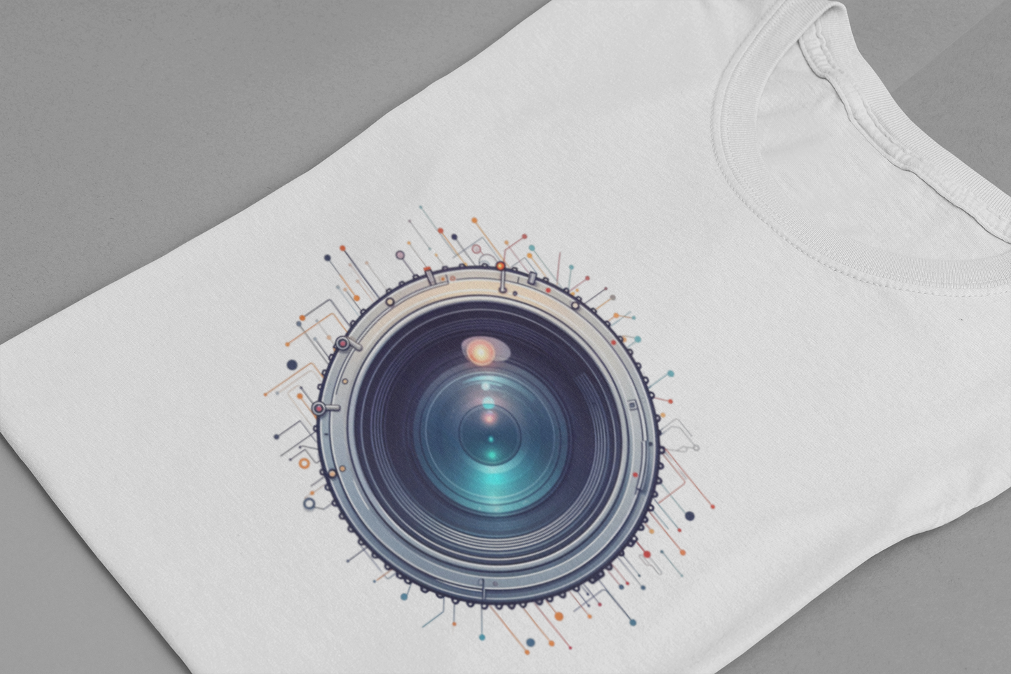 Focus Mode – Large Camera Lens with Radiant Lines & Color Splash Graphic T-Shirt