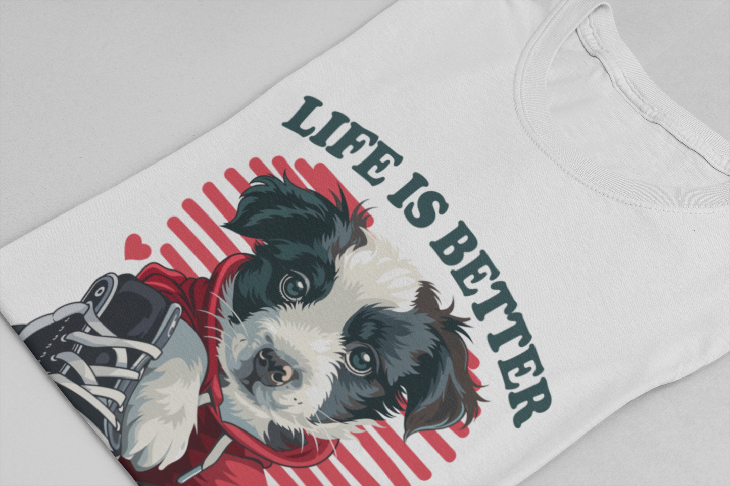 Life Is Better With Dogs T Shirt Cuddly Dog in Jacket Sitting by Shoes Graphic