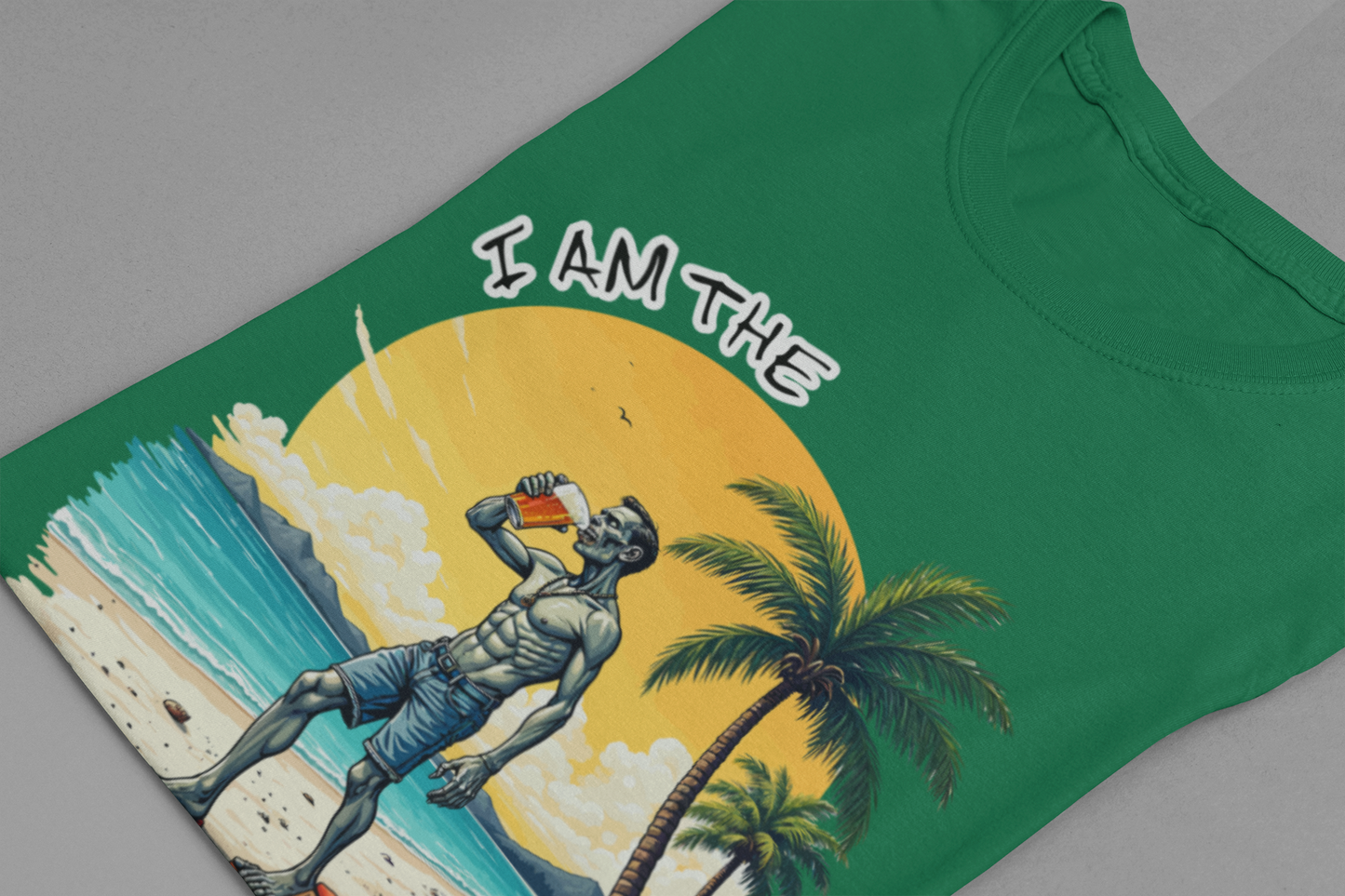 I am the Day Drinker Tshirt Zombie Beach Man with Beer, Shorts, Flip Flop & Reclining Chair
