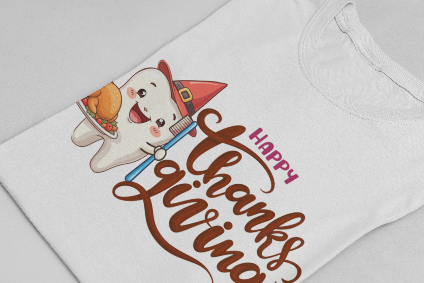 Happy Thanksgiving Dental T Shirt Smiling Tooth with Turkey Plate, Toothbrush, and a Cap