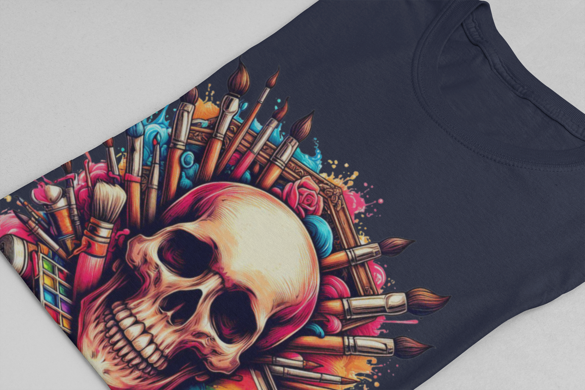 Art Is Not Dead Tshirt – Skull with Stacked Art Supplies Circular Graphic