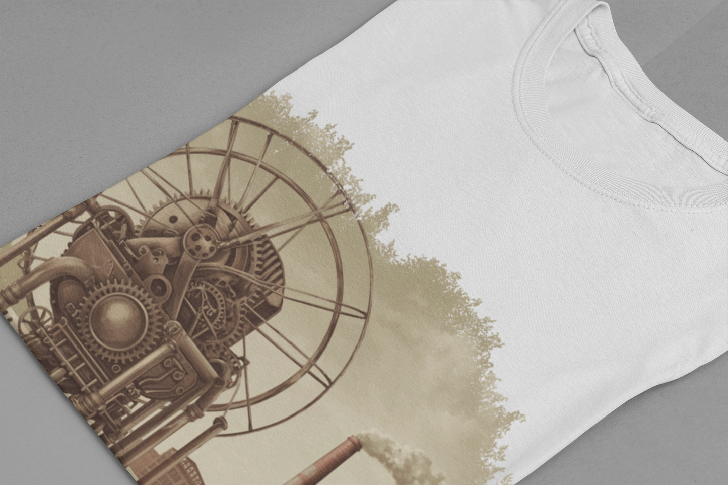Cotton Gin Club Tshirt – Harvest-Ready Cotton Field with Historic Spinning Machine and Factory