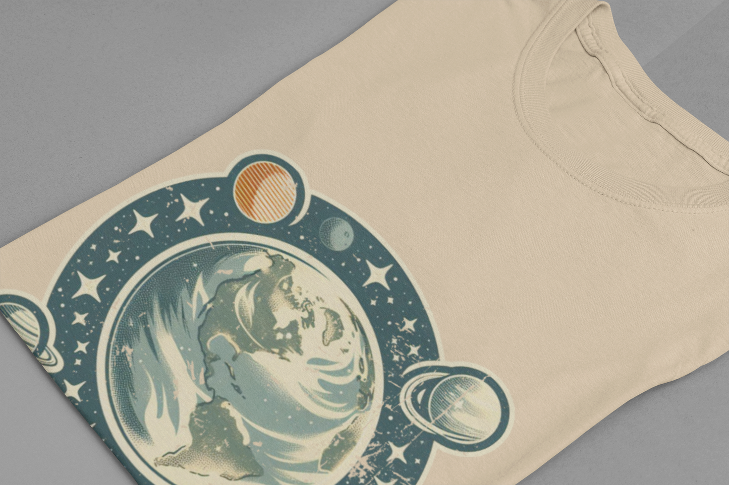 Earth Was Cool Tshirt – Gray Earth with Circular Planets and Stars Design