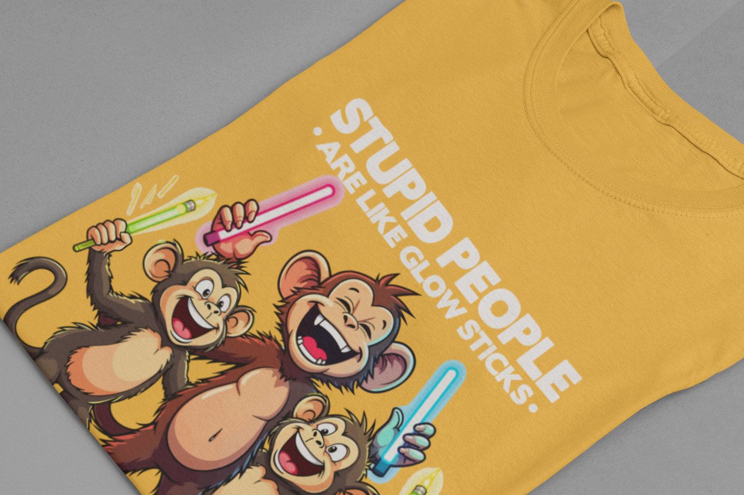 Stupid People Are Like Glow Sticks Tshirt – Three Happy Monkeys Shaking Glow Sticks