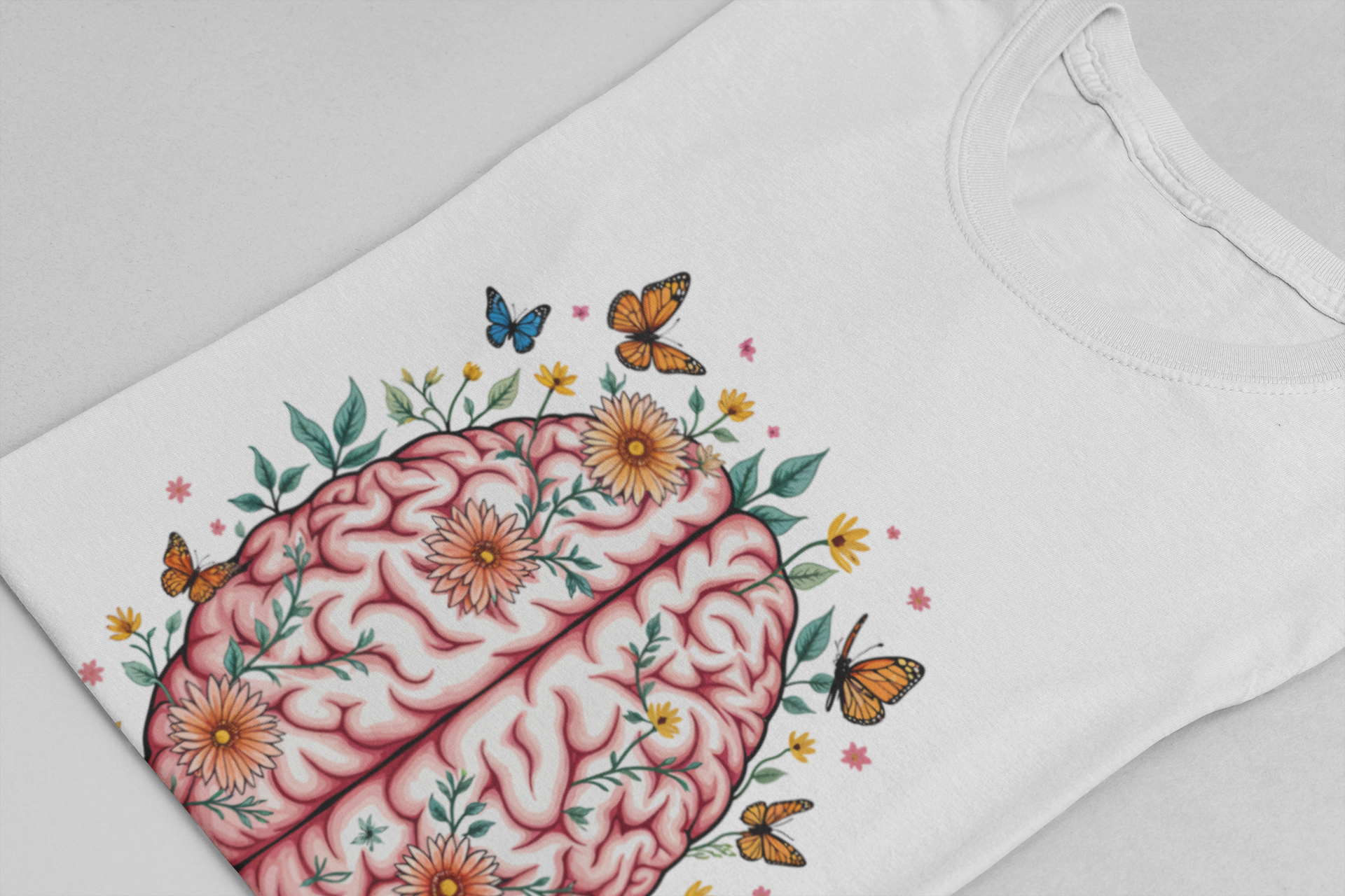 Human Brain with Flowers and Butterflies Tshirt – Artistic Floral Brain Graphic