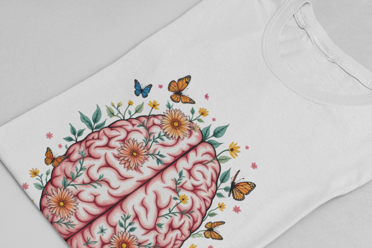 Human Brain with Flowers and Butterflies Tshirt – Artistic Floral Brain Graphic