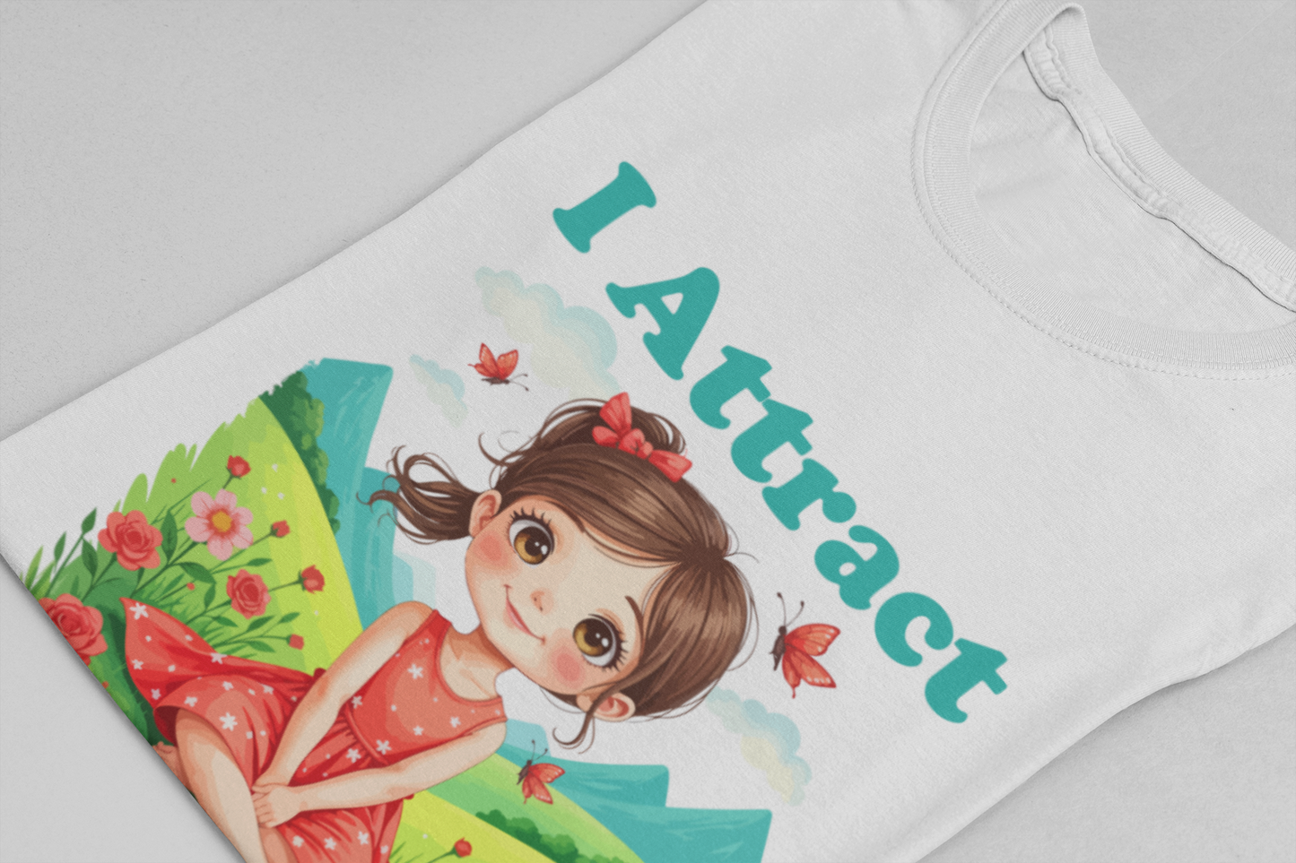 I Attract PEACE & Love – Little Girl in Nature with Butterflies Graphic T-Shirt