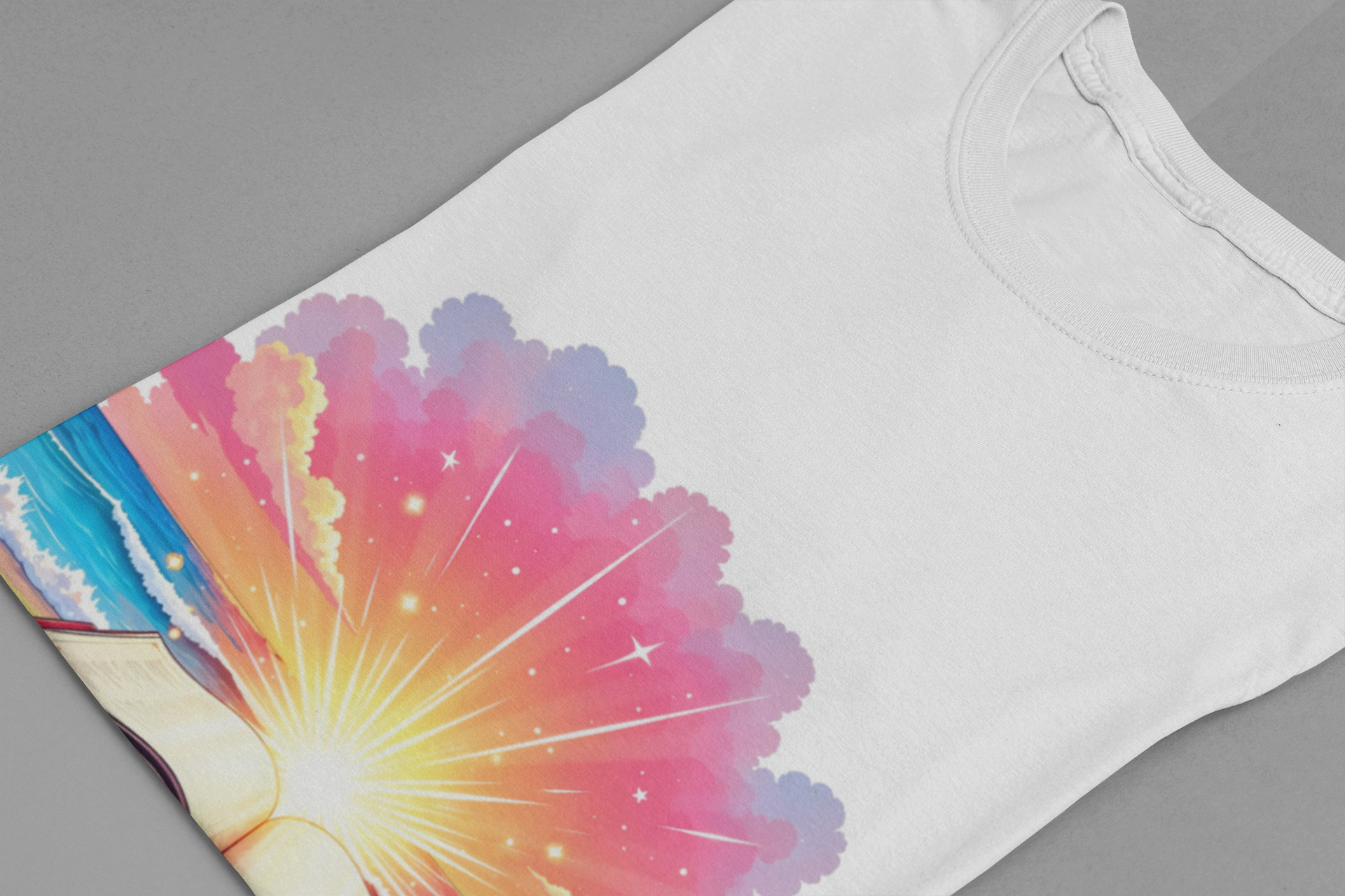 Magical Open Book on Beach with Radiant Flashlight Graphic T-Shirt