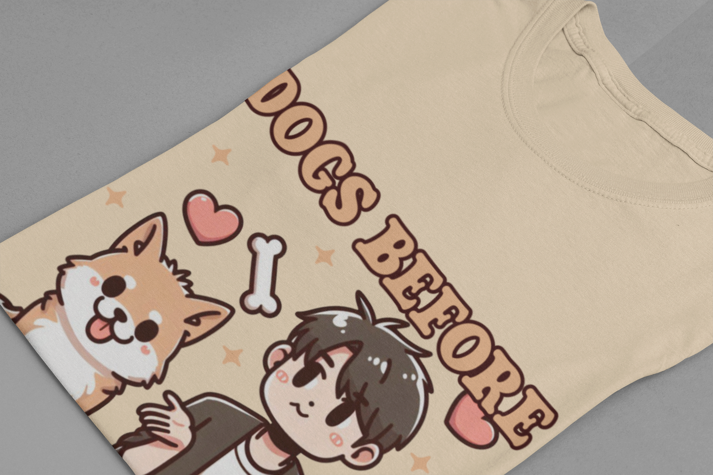 Dogs Before Dudes | Smiling Puppy & Surprised Boy with Hearts, Bones, and Stars T-Shirt