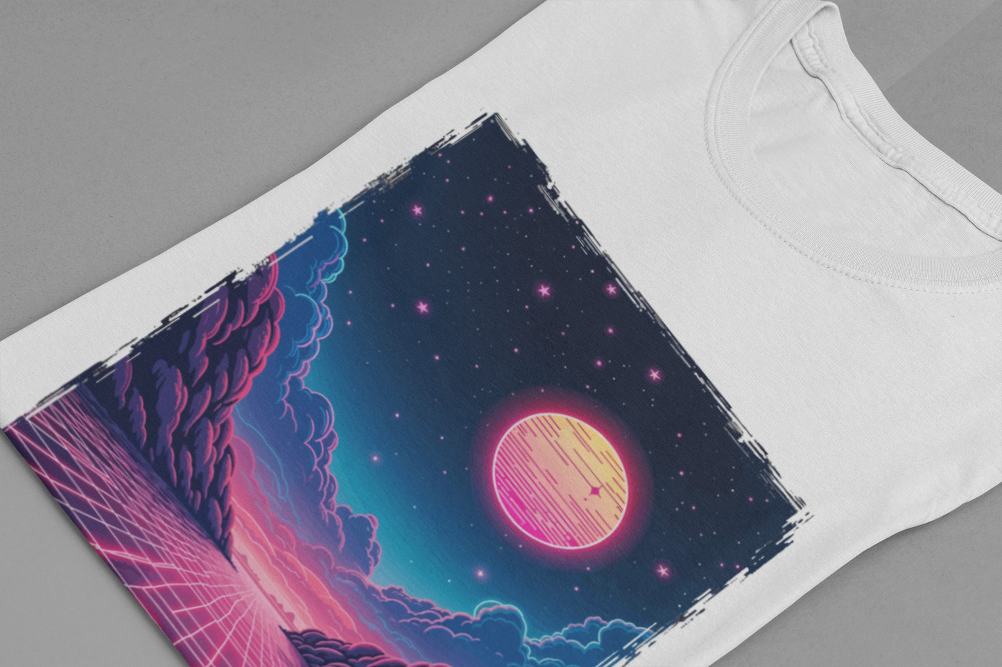 Neon Dream – Full Moon Night Waterfront with Mountains and Glowing Sky Graphic T-Shirt