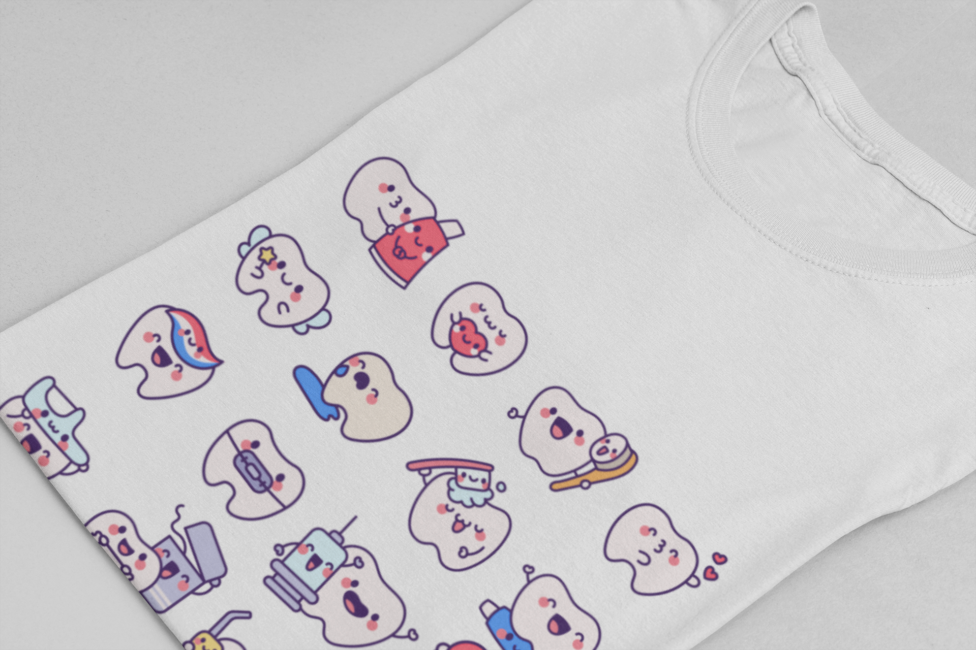 Happy Smiling Teeth T Shirt Sixteen Tooth Characters with Dental Care Items