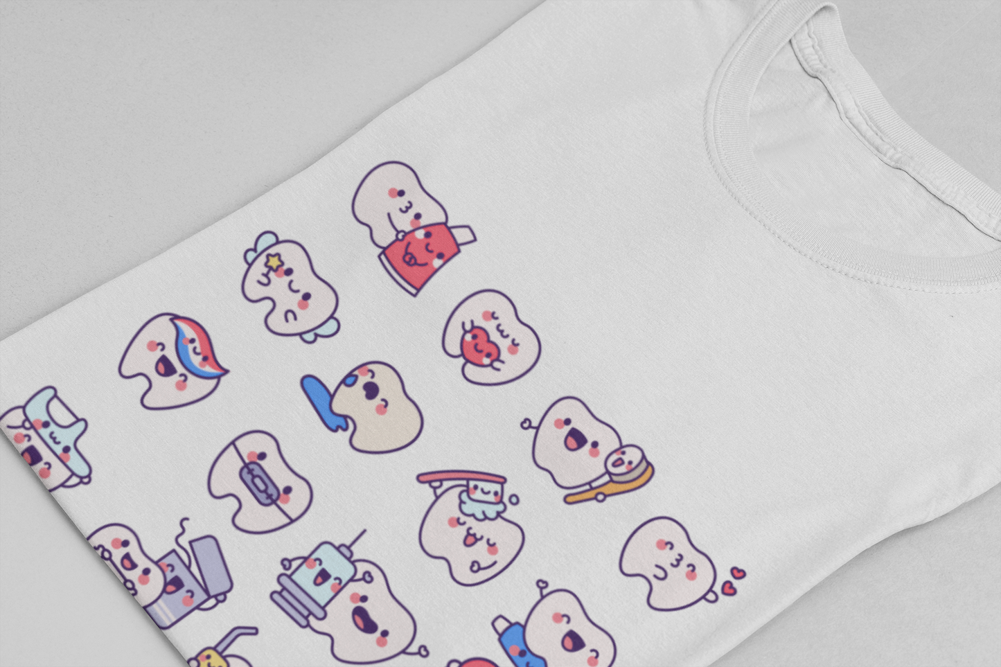 Happy Smiling Teeth T Shirt Sixteen Tooth Characters with Dental Care Items