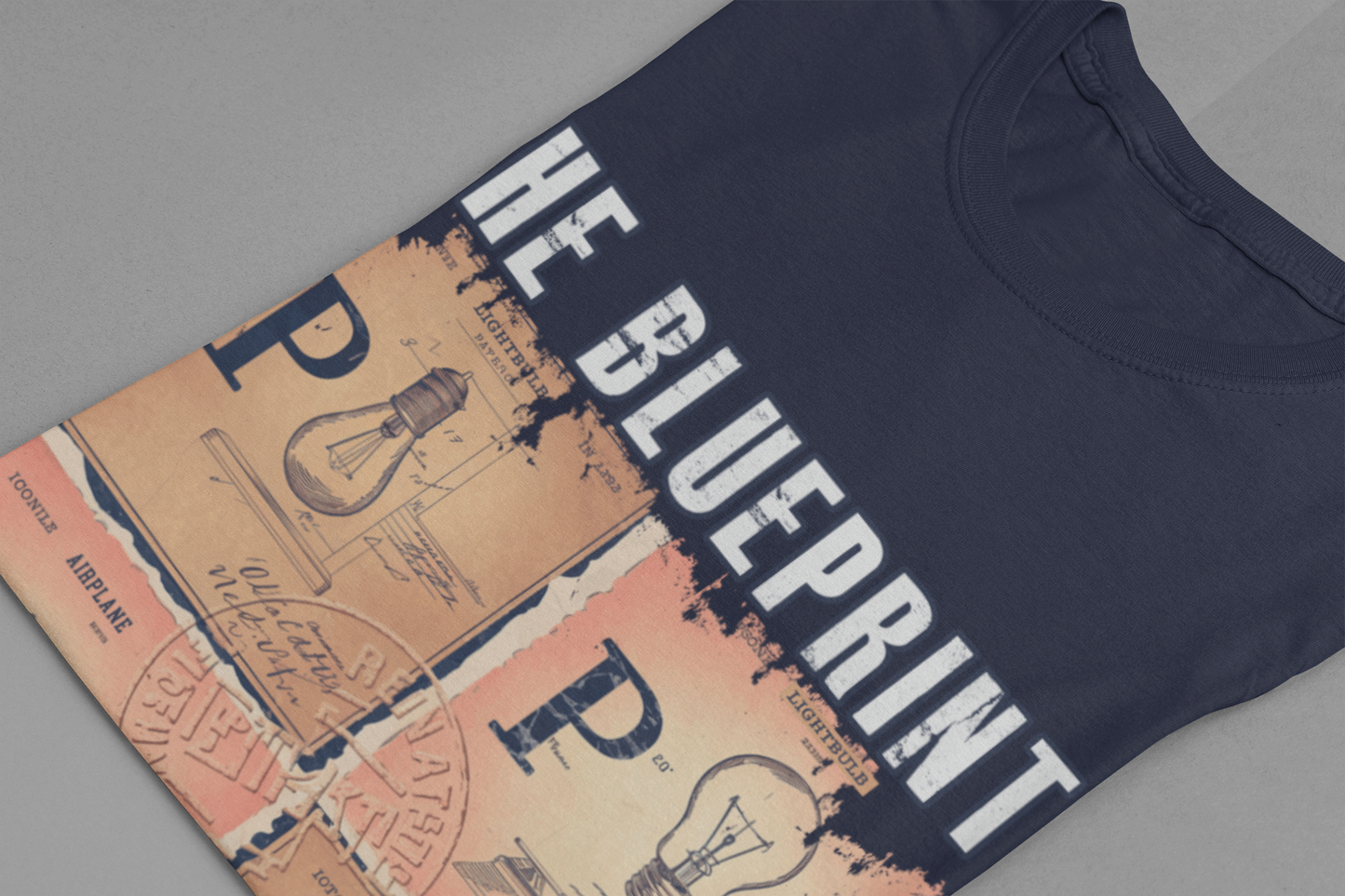 The Blueprint for Innovation Tshirt – Vintage Paper with Iconic Inventions Graphic