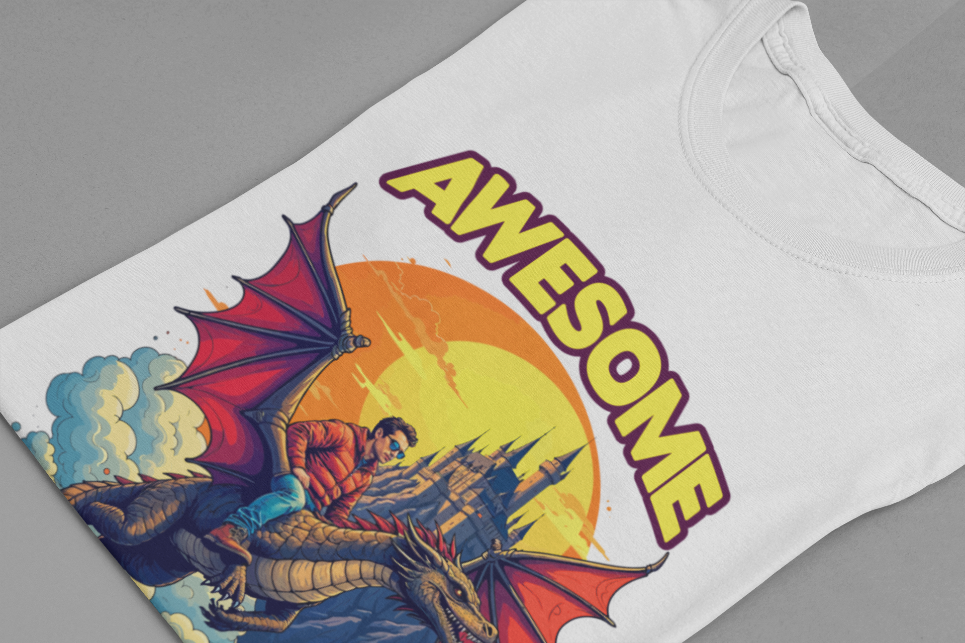 Awesome Uncle Ever Tshirt Man Riding Large Dragon Flying in Clouds with Castle in background