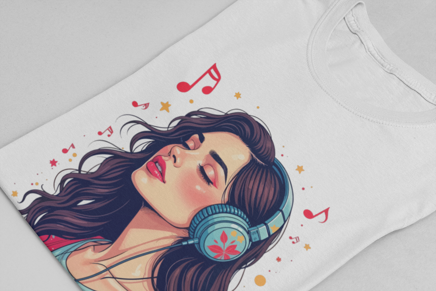 Quietly Loud – Woman with Headphones, Leaf Pattern Dress & Expressive Music Notes Graphic T-Shirt