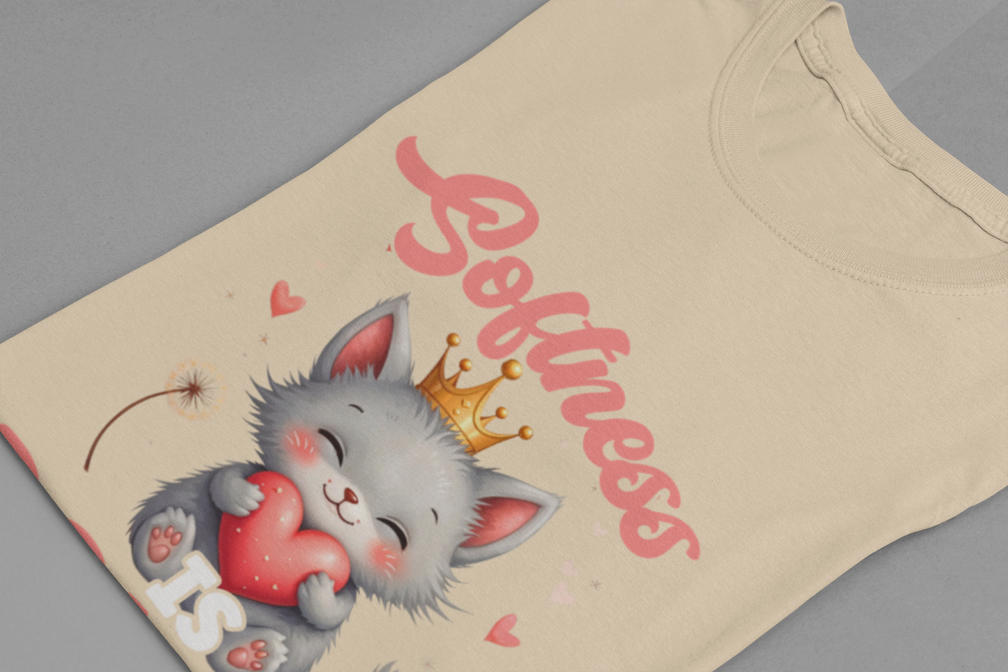 Softness Is Power – Adorable Cat with Heart & Crown Graphic T-Shirt