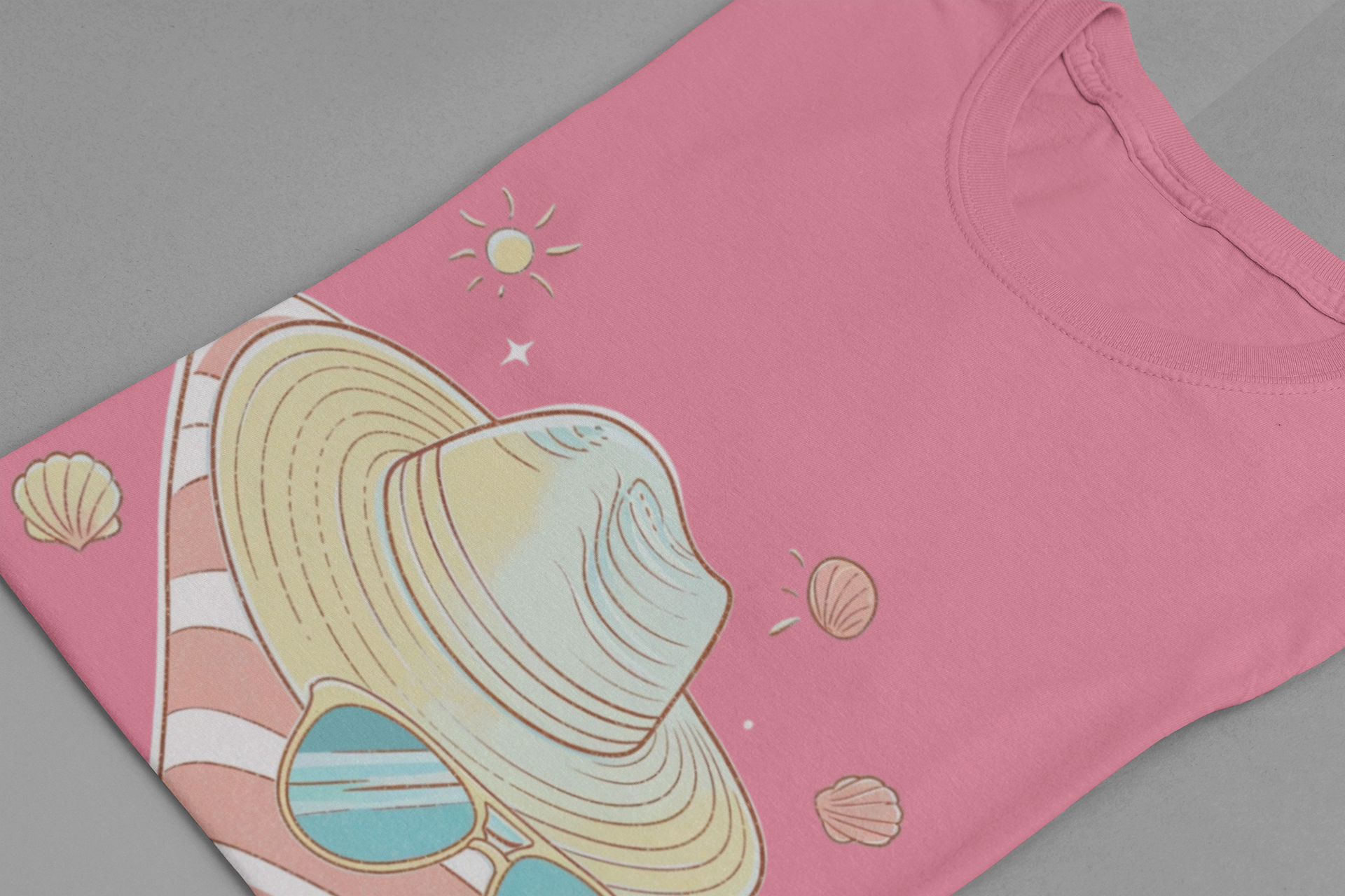 Sun Kissed & Carefree Beach Day Essentials – Towel, Sunglasses & Hat with Sun and Seashells Graphic T-Shirt
