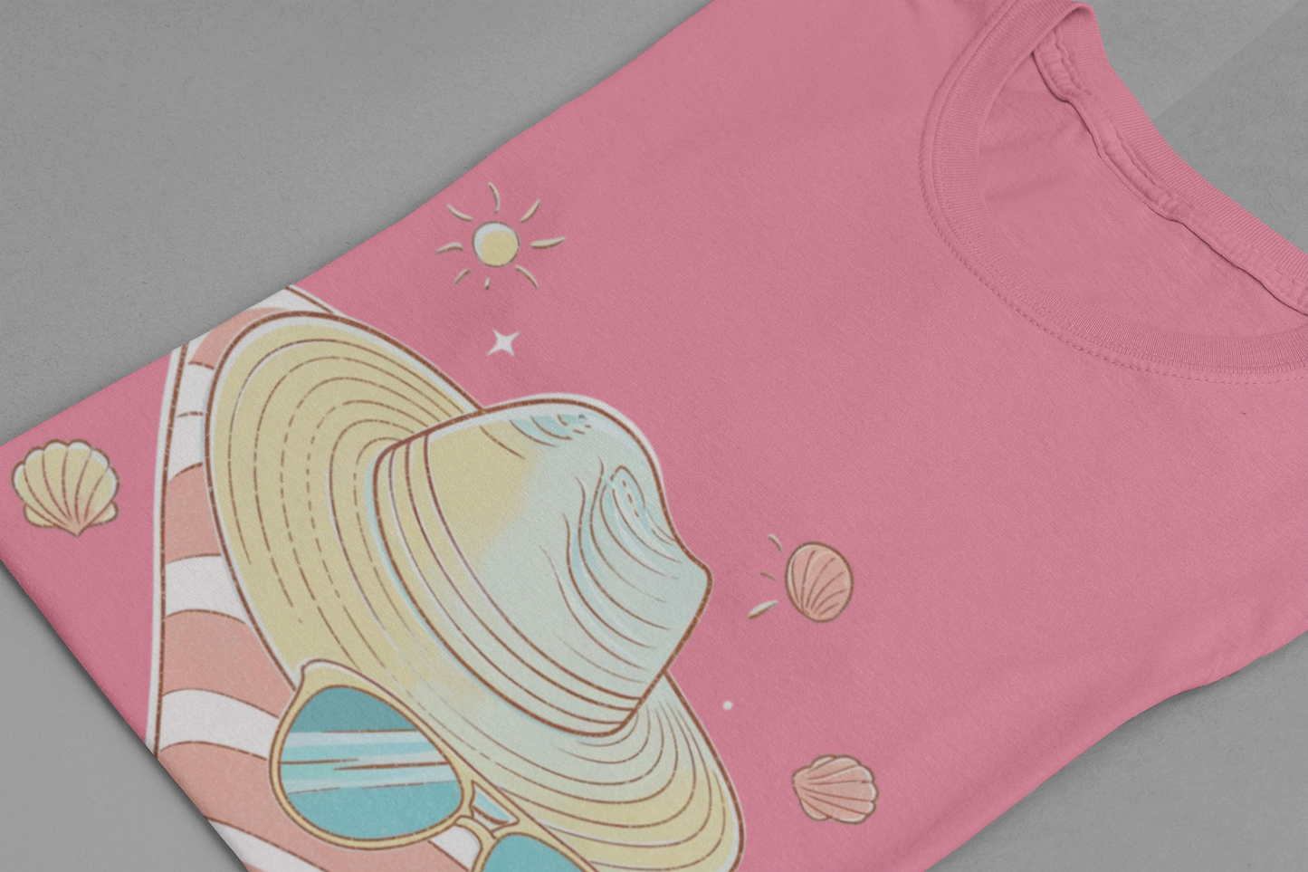 Sun Kissed & Carefree Beach Day Essentials – Towel, Sunglasses & Hat with Sun and Seashells Graphic T-Shirt