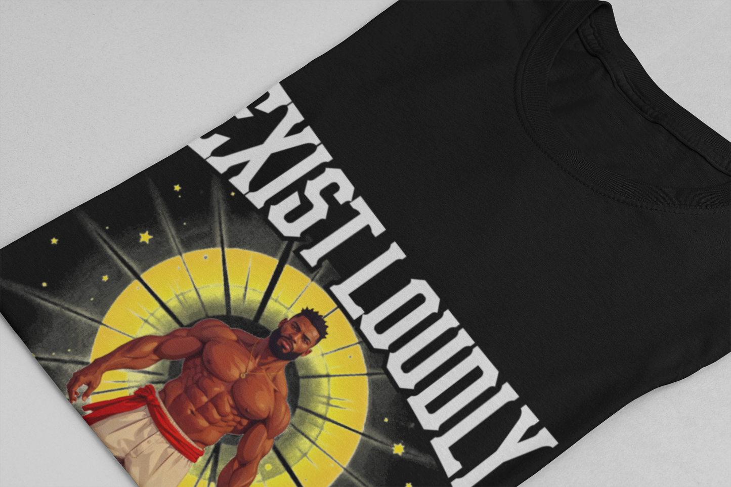 Exist Loudly – Strong Muscular Man with Red Belt & Glowing Light Graphic T-Shirt