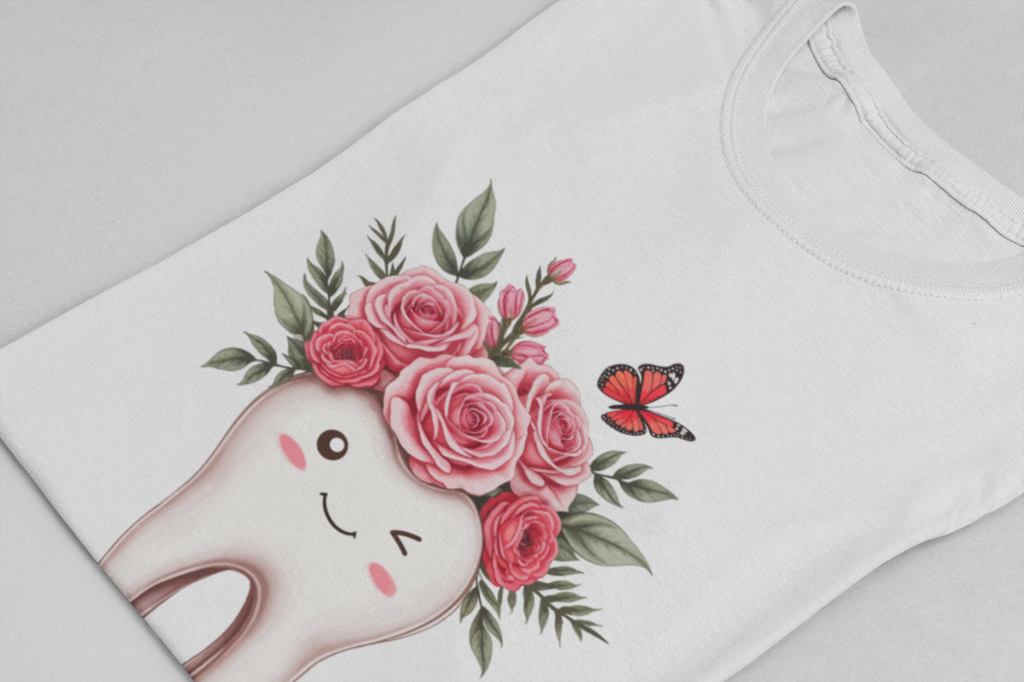 Smile T Shirt with Large Winking Tooth Surrounded by Flowers Leaves and Butterflies