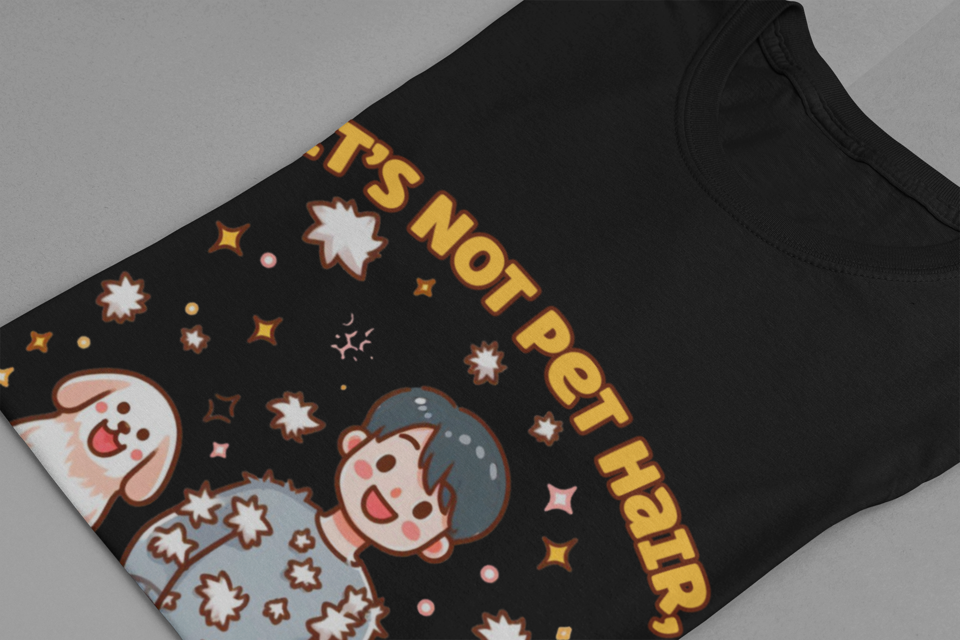 It's Not Pet Hair, It's Fluff Glitter | Smiling Puppy and Boy with Flying Hair & Glitter T-Shirt