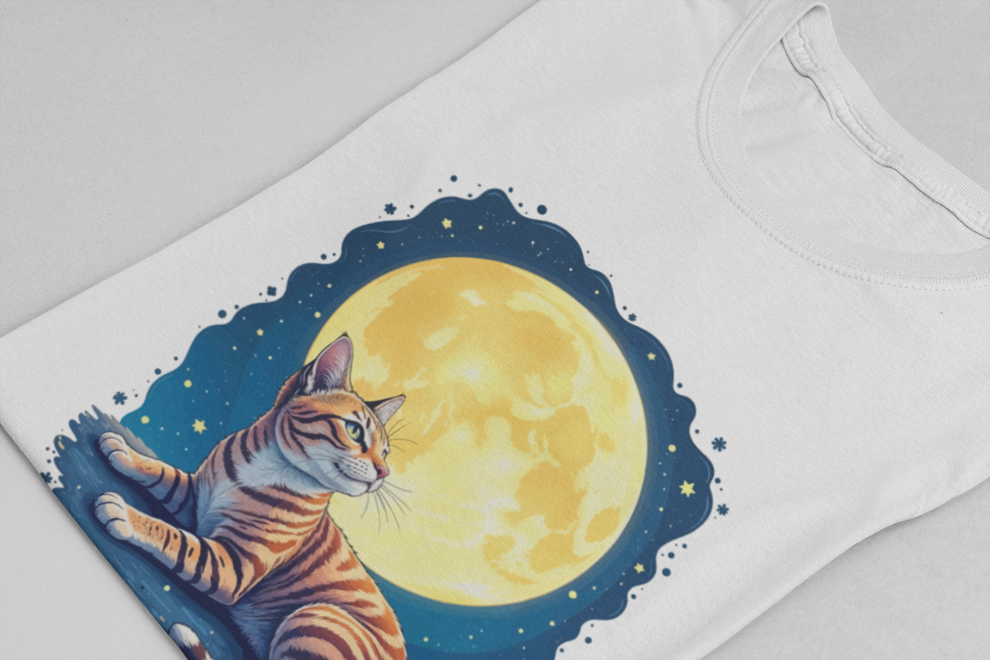 Moon Bath  - Furry Nights – Cat Watching Full Moon and Starry Sky Graphic T-Shirt