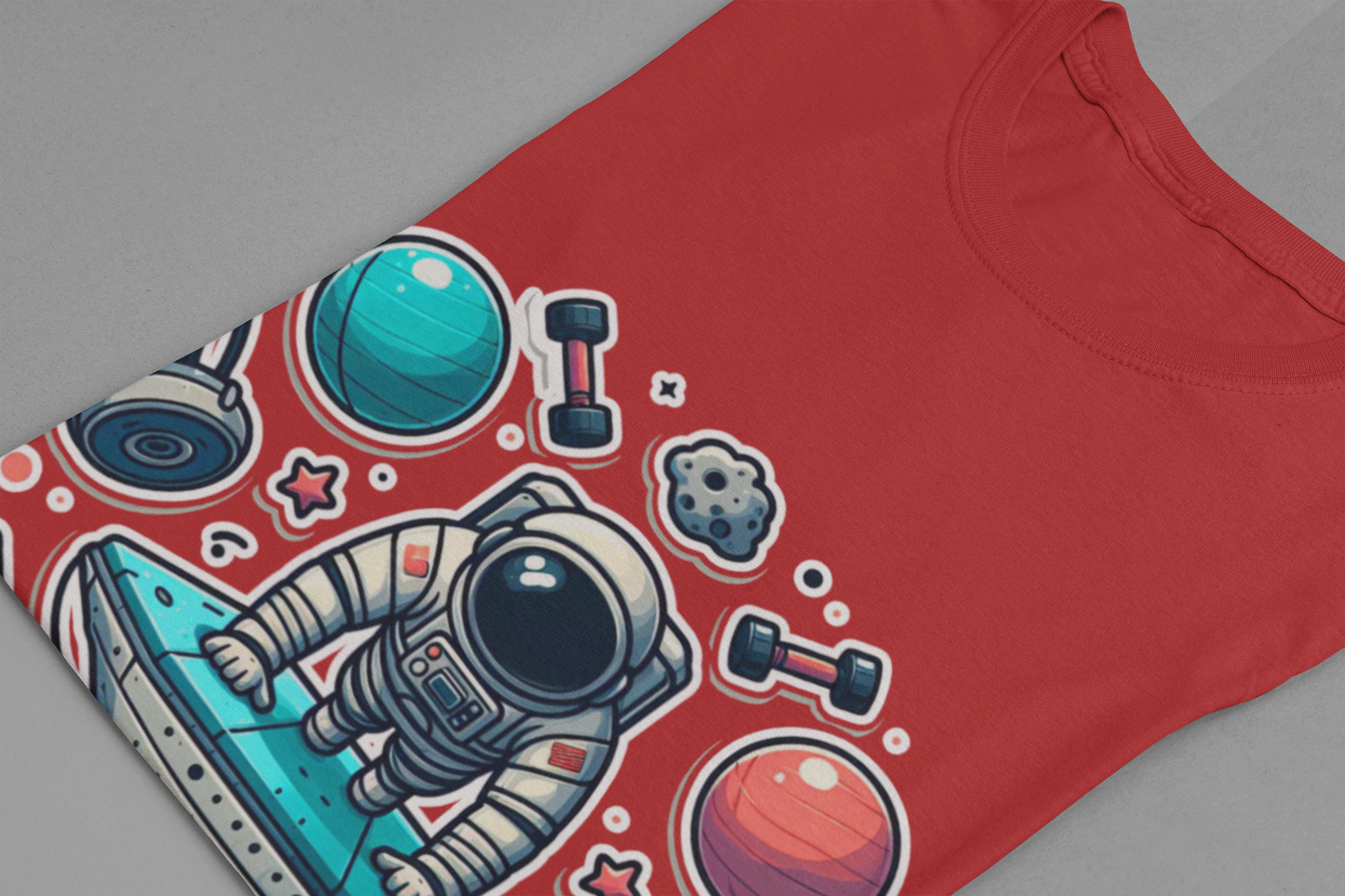 Rocket Science is My Cardio - Astronaut Doing Pushups Tshirt – Space Workout with Gadgets, Planets, and Dumbbells