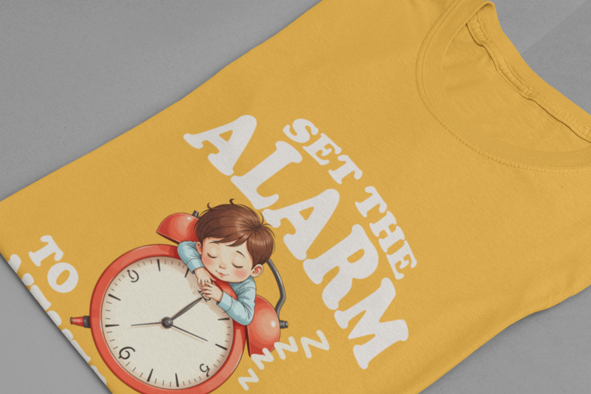 Set the Alarm to Never Mind – Sleeping Boy on Alarm Clock Graphic T-Shirt
