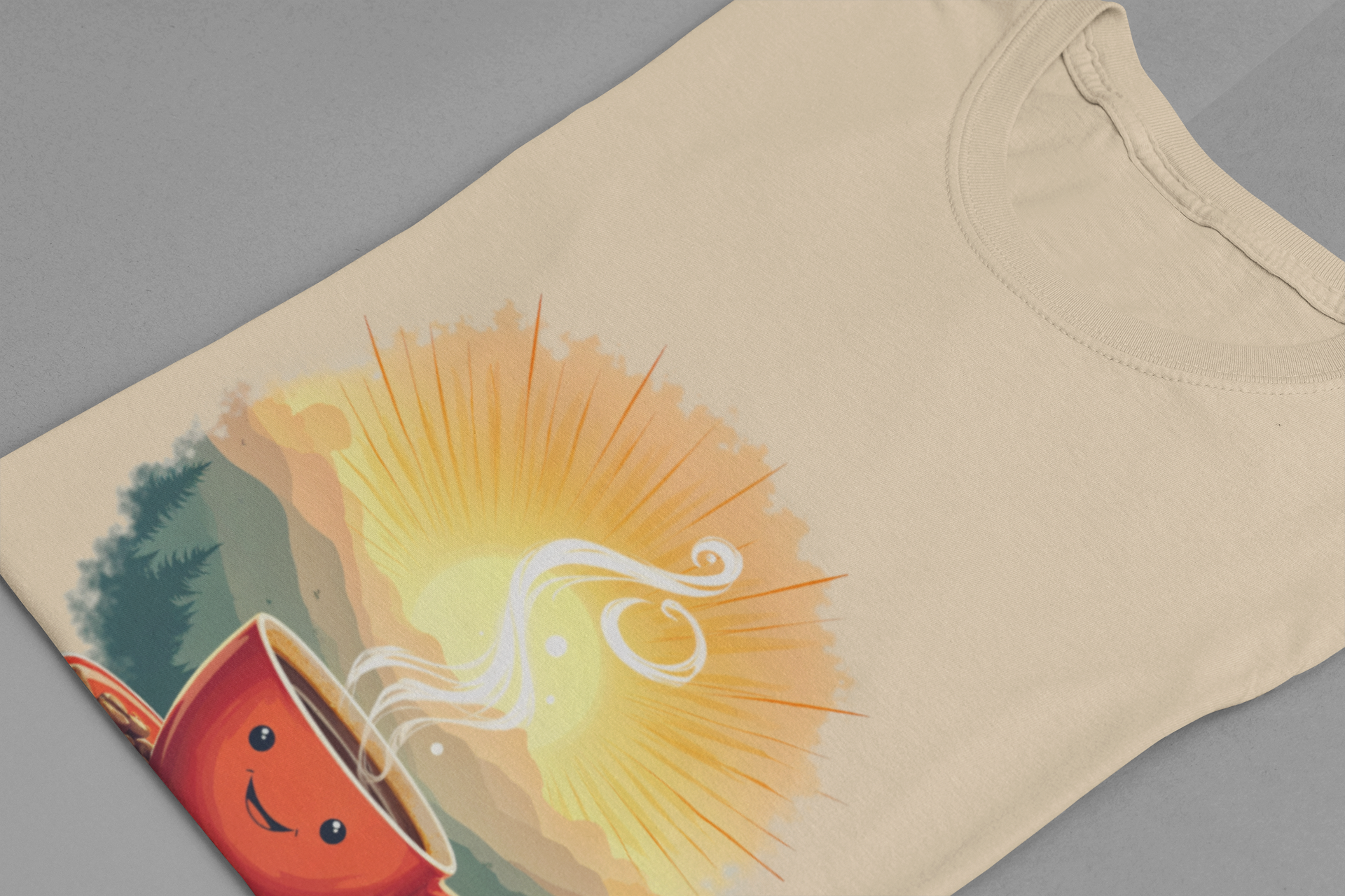 Sunrise Coffee Cup with Coffee Beans and Radiant Morning Glow Graphic T-Shirt