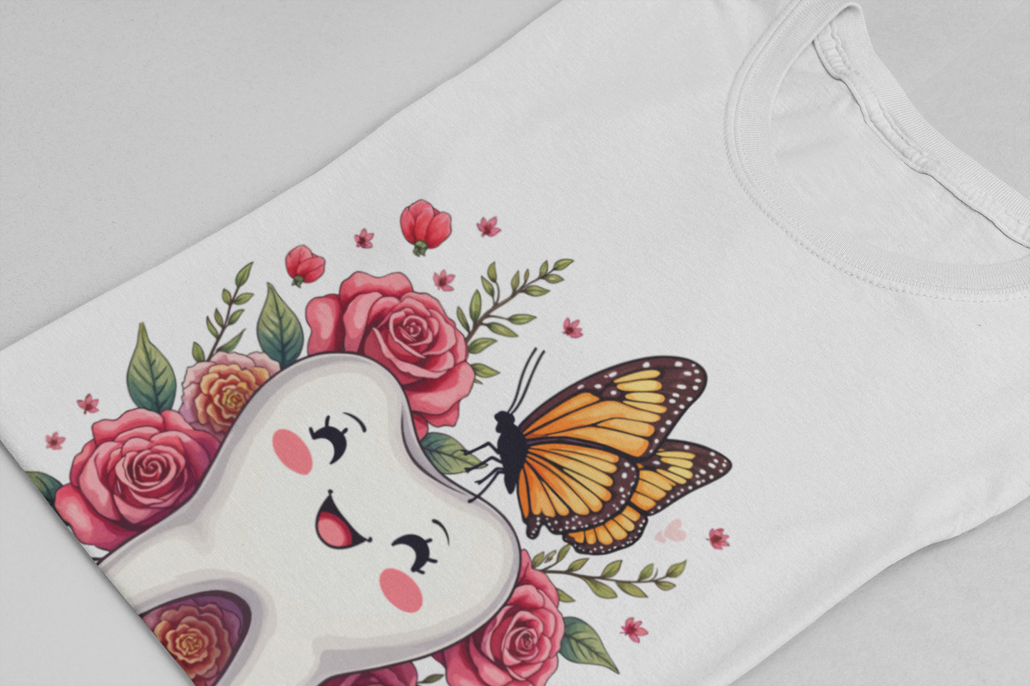 Smile T Shirt Featuring Large Smiling Tooth Surrounded by Flowers Leaves and Butterflies