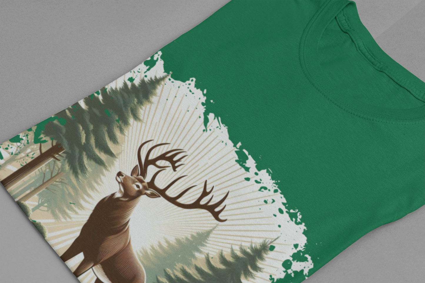 Majestic Deer with Large Antlers | Sunlight Through Foggy Forest Graphic T-Shirt