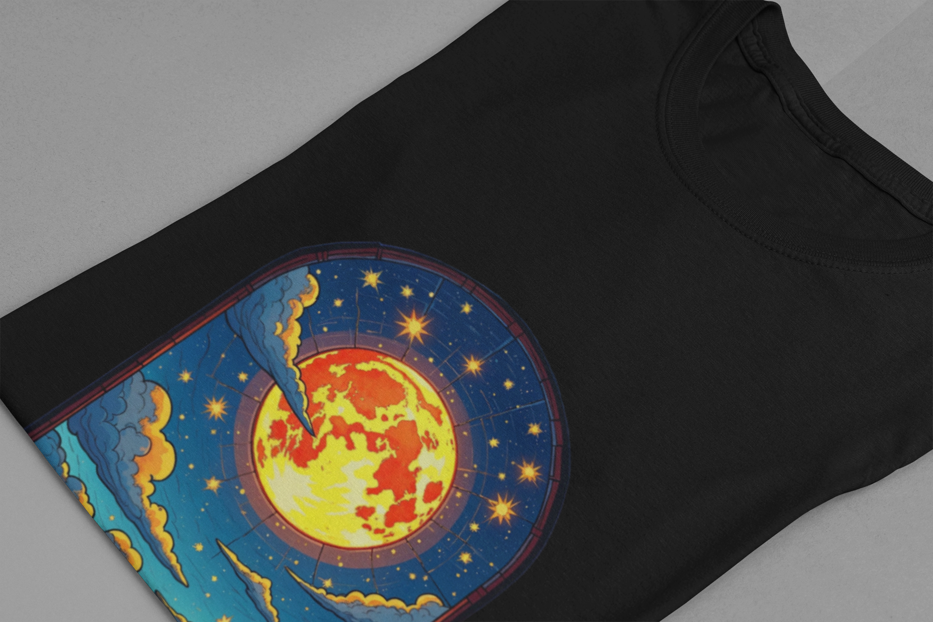 Castle Window View of Glowing Full Moon with Reflection and Stars Graphic T-Shirt