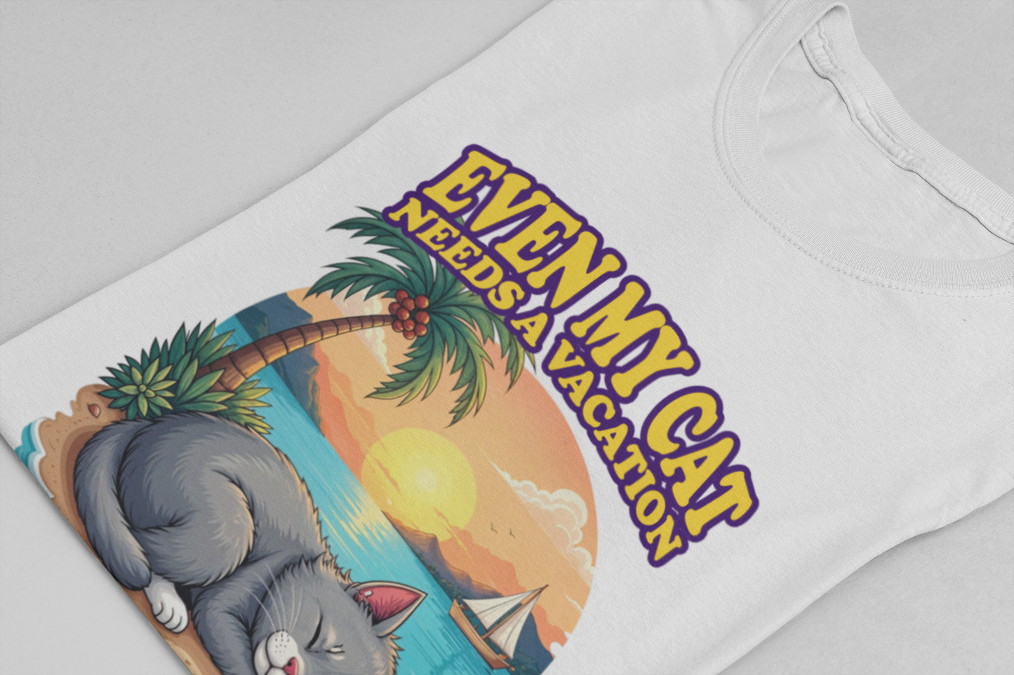 Even My Cat Needs a Vacation T-Shirt – Funny Cat Beach Graphic Tee