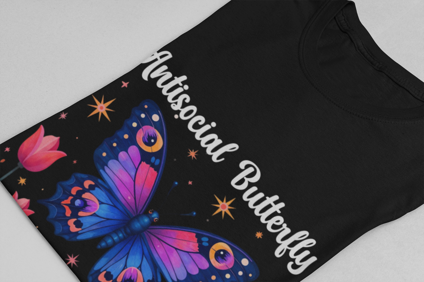 Antisocial Butterfly – Large Butterfly Above Flower Plants Graphic T-Shirt