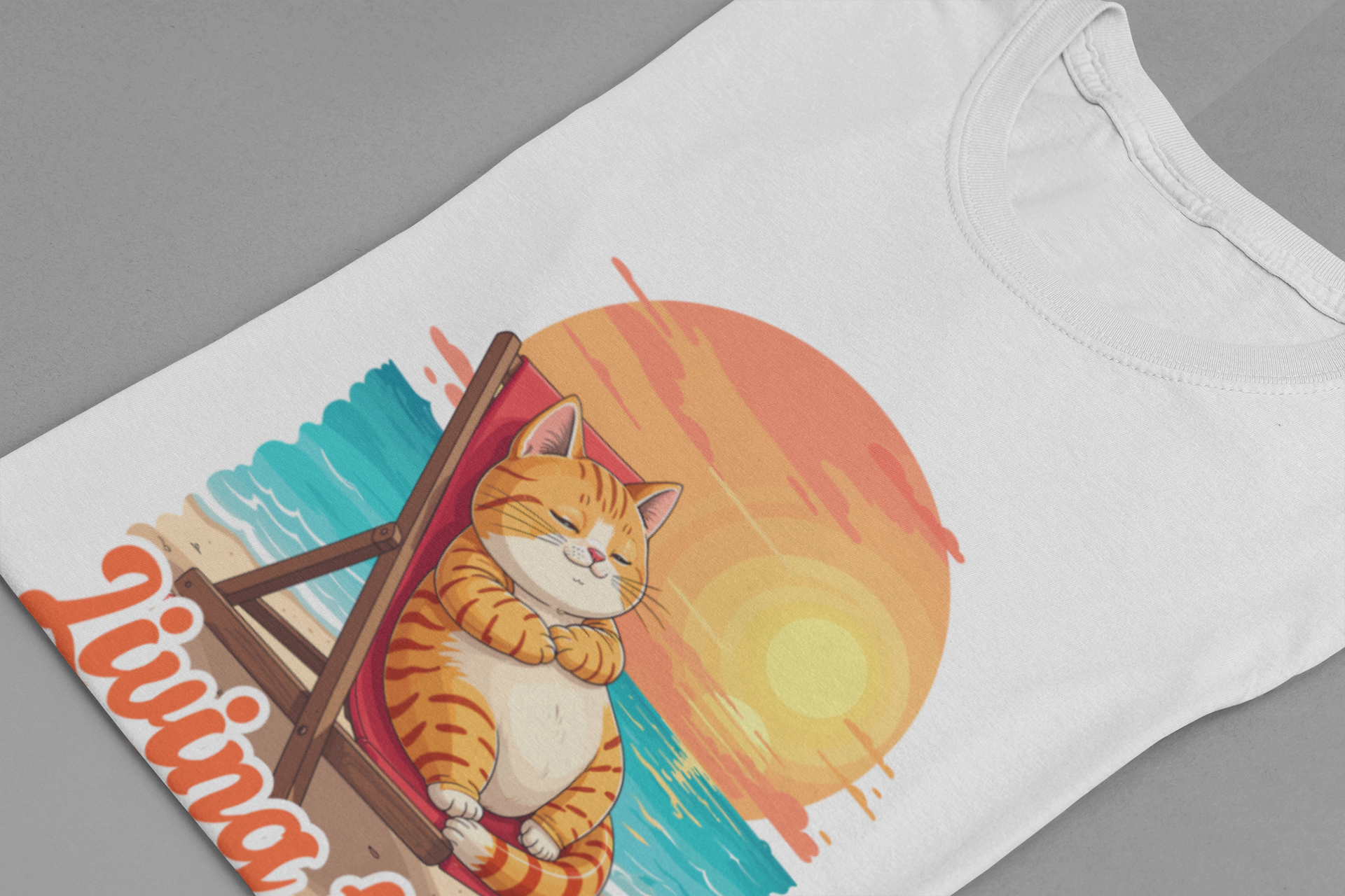 Lazy Life- Living the Best Life – Fat Cat Reclining Chair Beach Sunset Graphic T-Shirt
