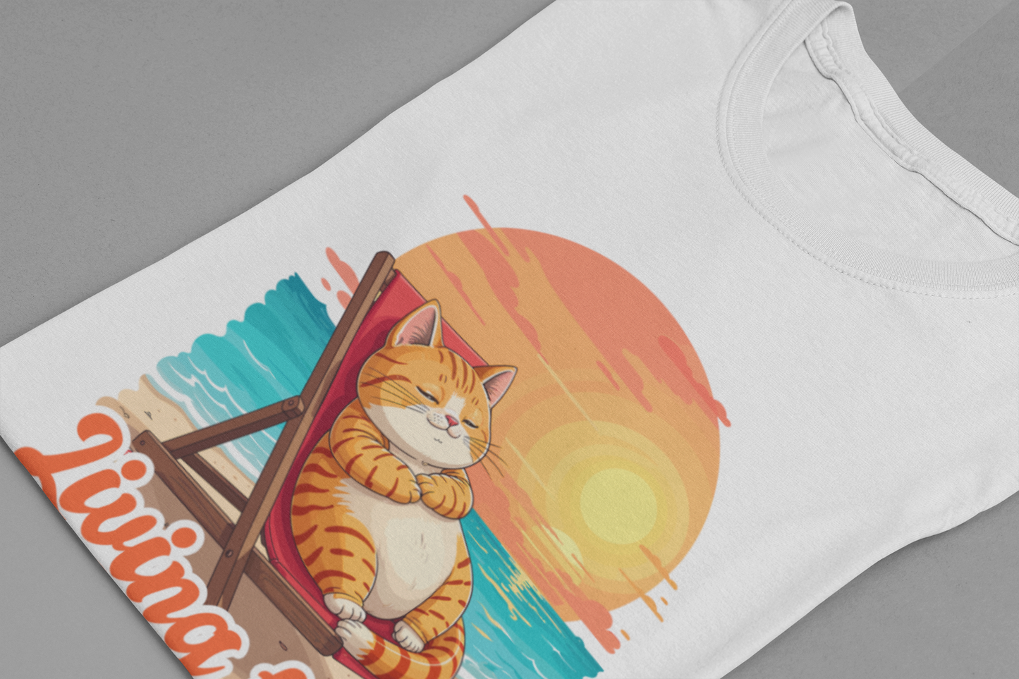 Lazy Life- Living the Best Life – Fat Cat Reclining Chair Beach Sunset Graphic T-Shirt
