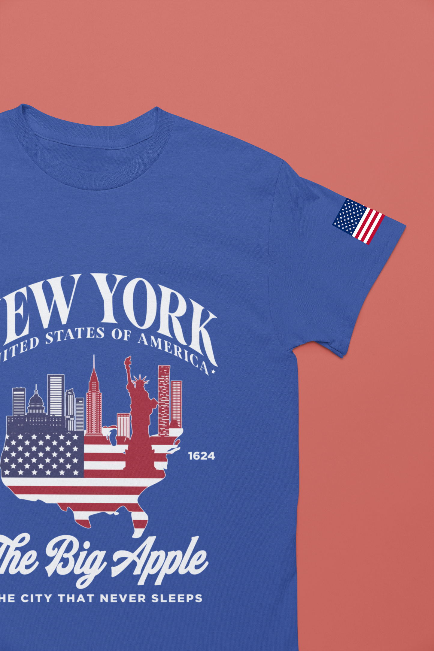 New York The Big Apple T-Shirt - NYC Skyline USA Flag Design Est 1624