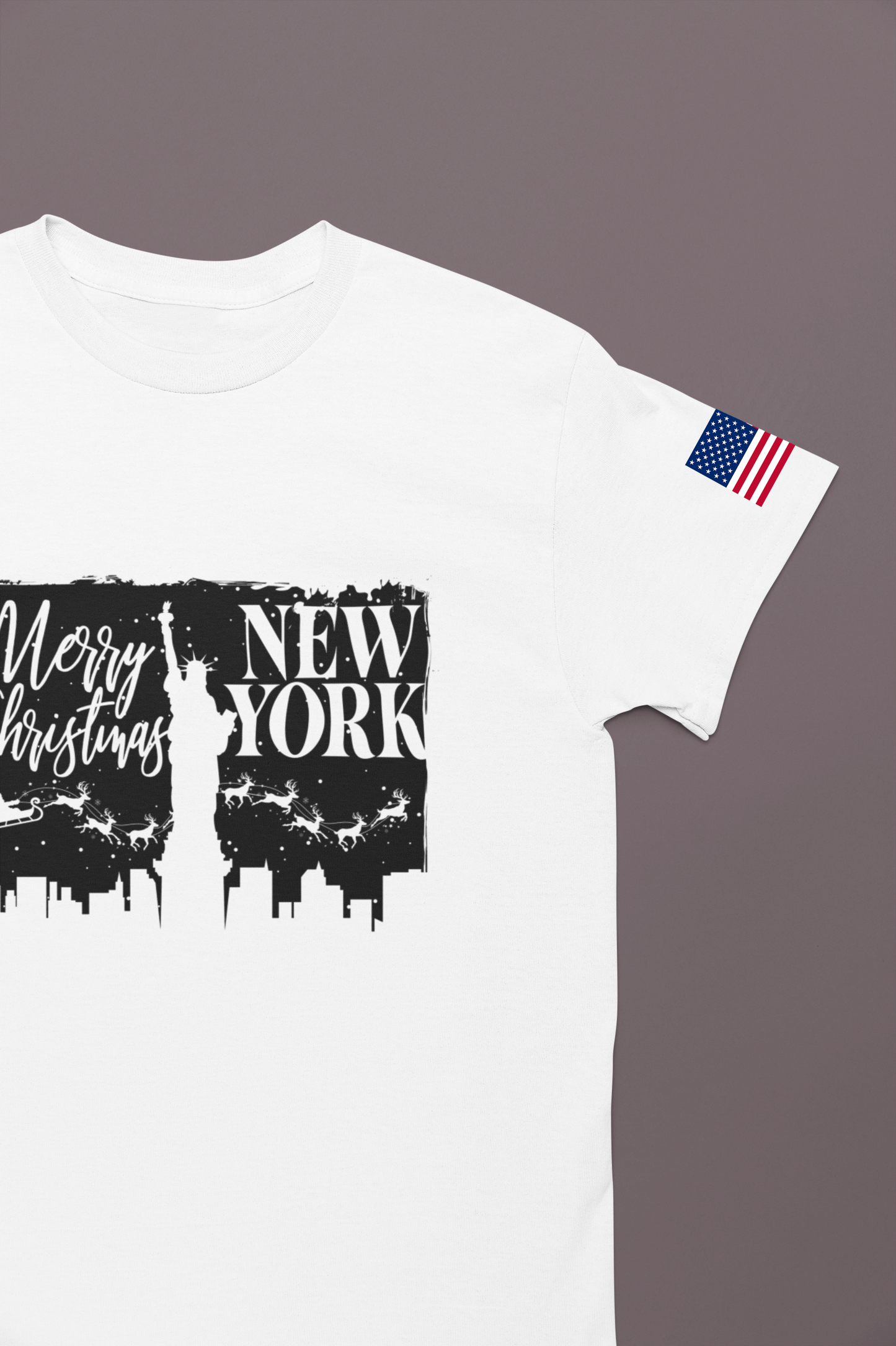 Merry Christmas New York T-Shirt - NYC Holiday Skyline with Santa & Statue of Liberty
