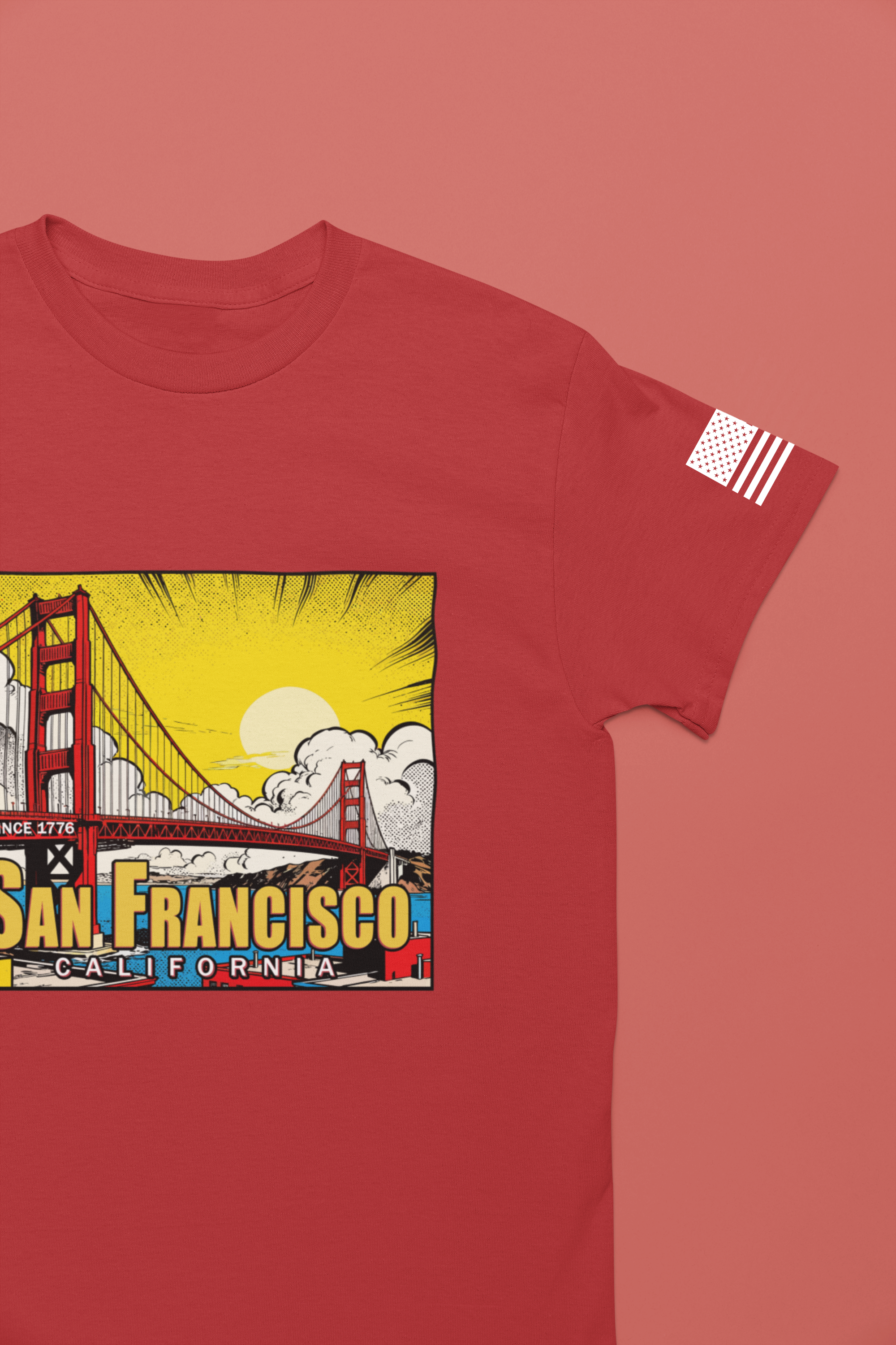 San Francisco California Comic Style T-Shirt – Golden Gate Bridge Pop Art Graphic Tee Since 1776
