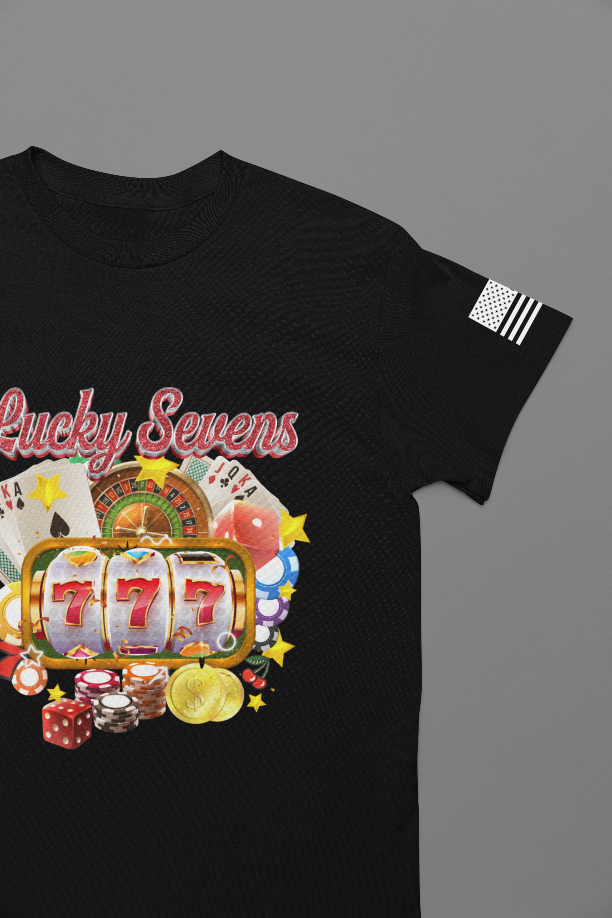 Lucky Sevens Casino T-Shirt – 777 Slot Machine Roulette Poker Chips Vegas Tee