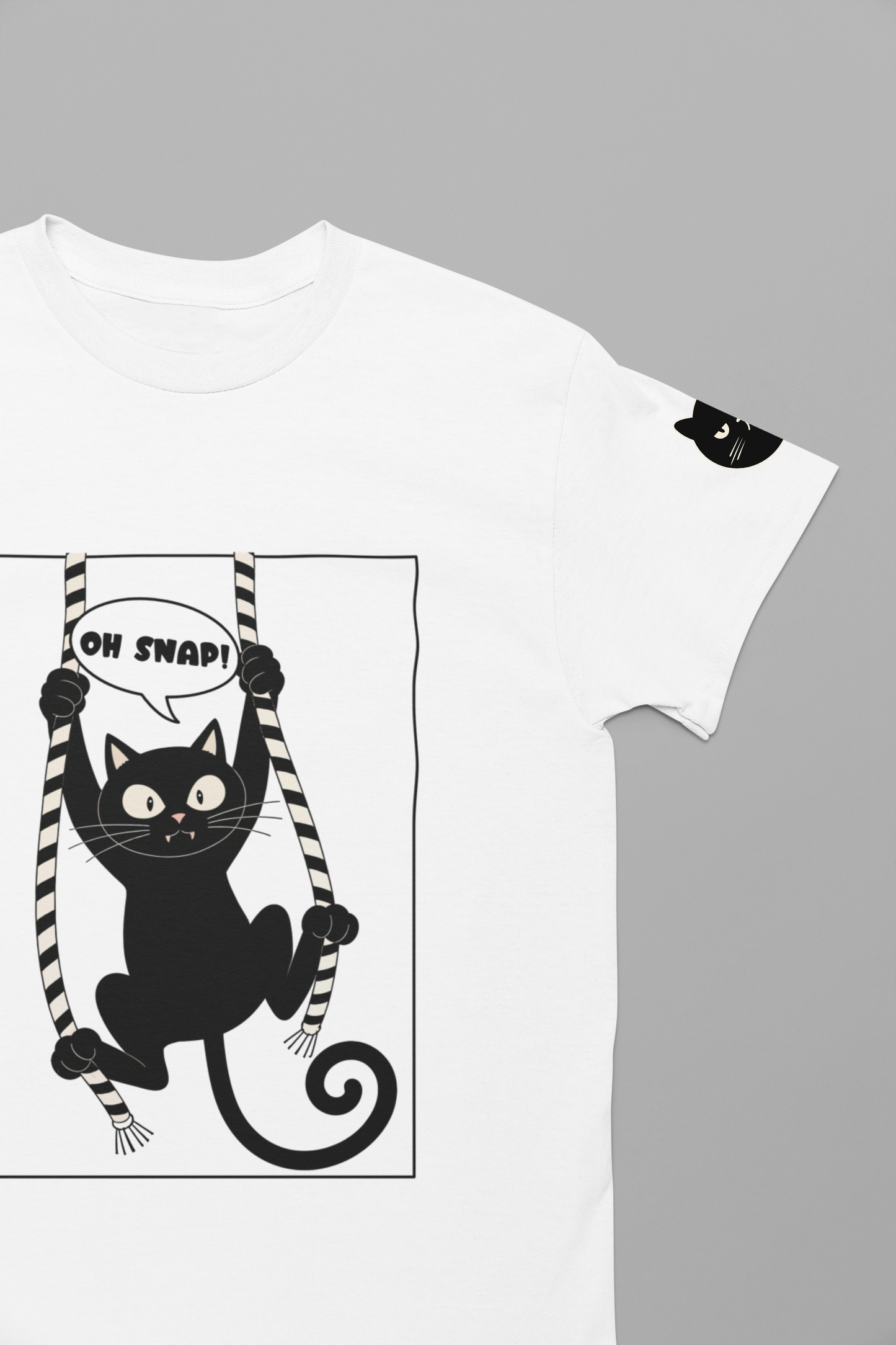 Oh Snap Funny Cat T-Shirt – Cat Hanging from Blinds Mischievous Kitten Humor Graphic Tee
