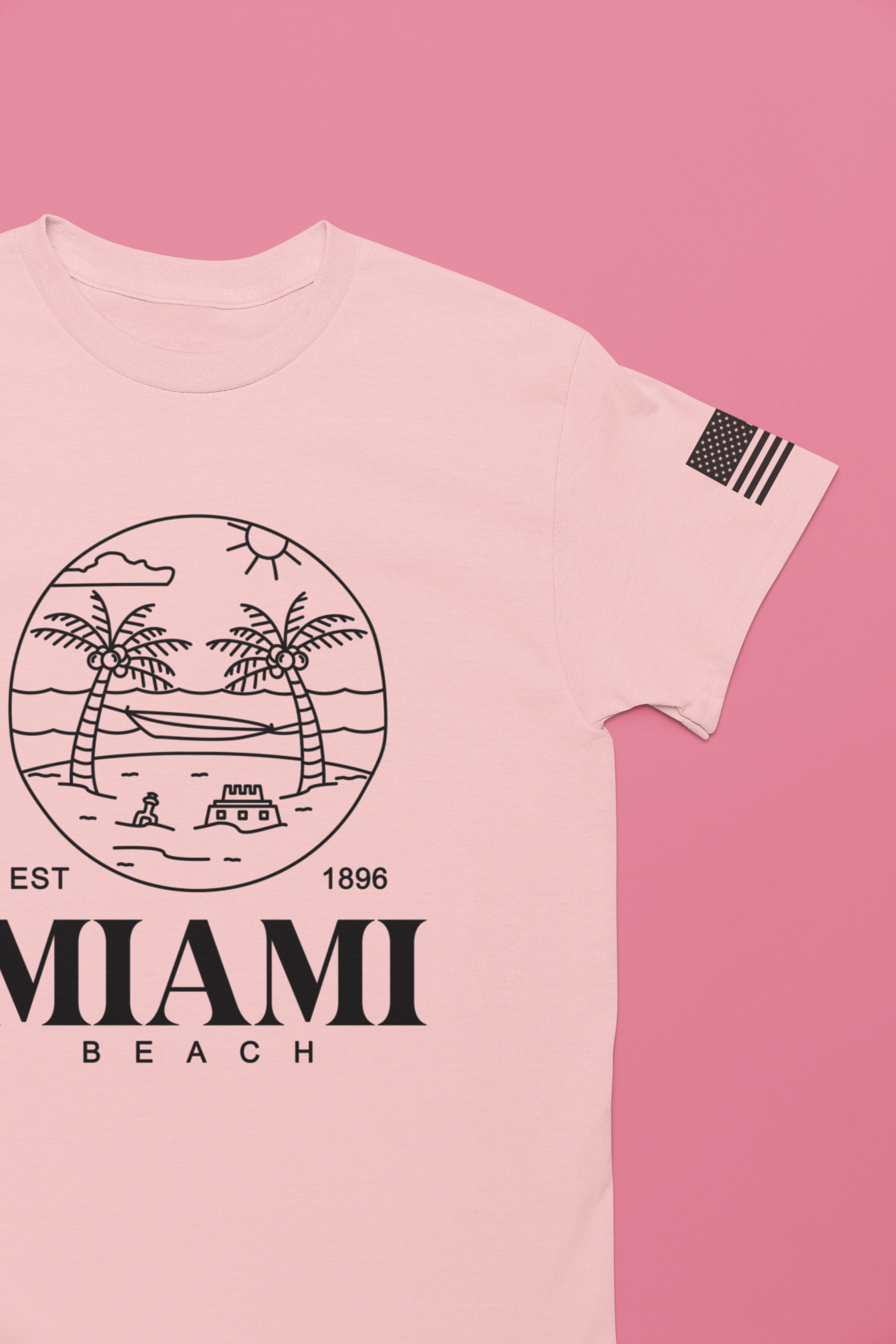 Miami Beach EST 1896 T-Shirt – Circle Line Art Badge Hammock Palm Tree Graphic Tee