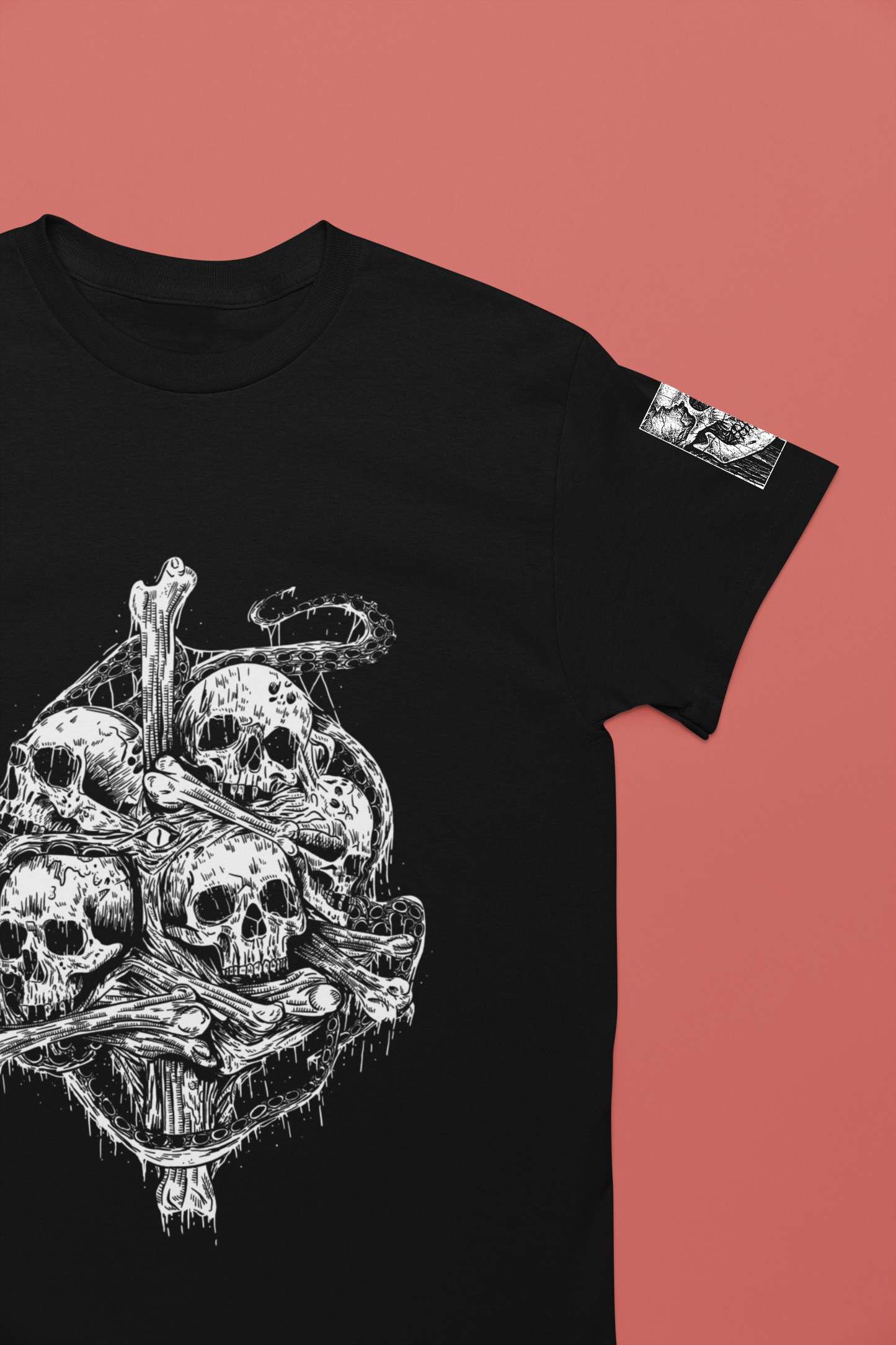 Gothic Skull Pile T-Shirt – Dark Horror Skeleton Art Graphic Tee