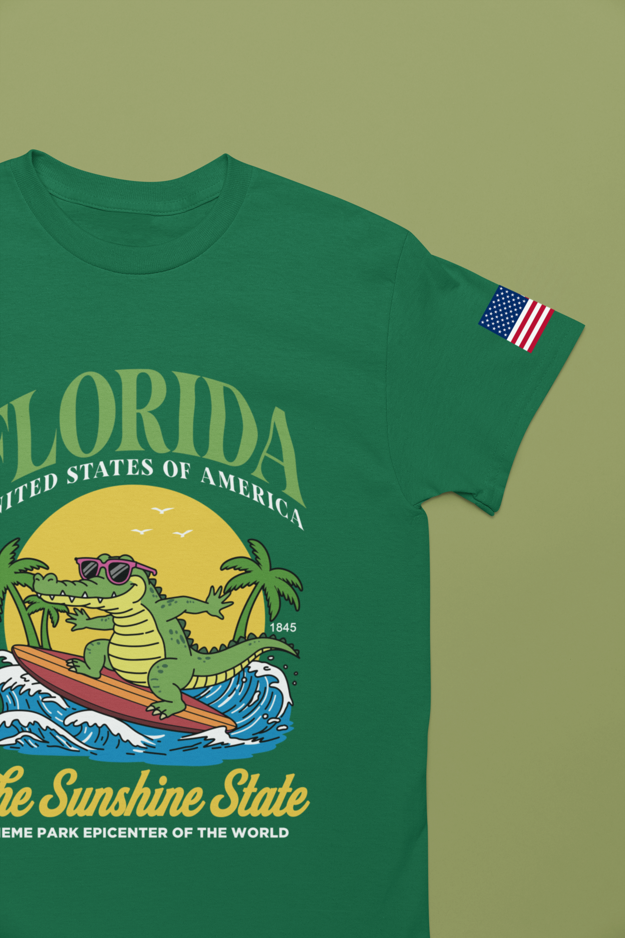 Florida Sunshine State T-Shirt – Surfing Alligator EST 1845 Theme Park Epicenter USA Tee