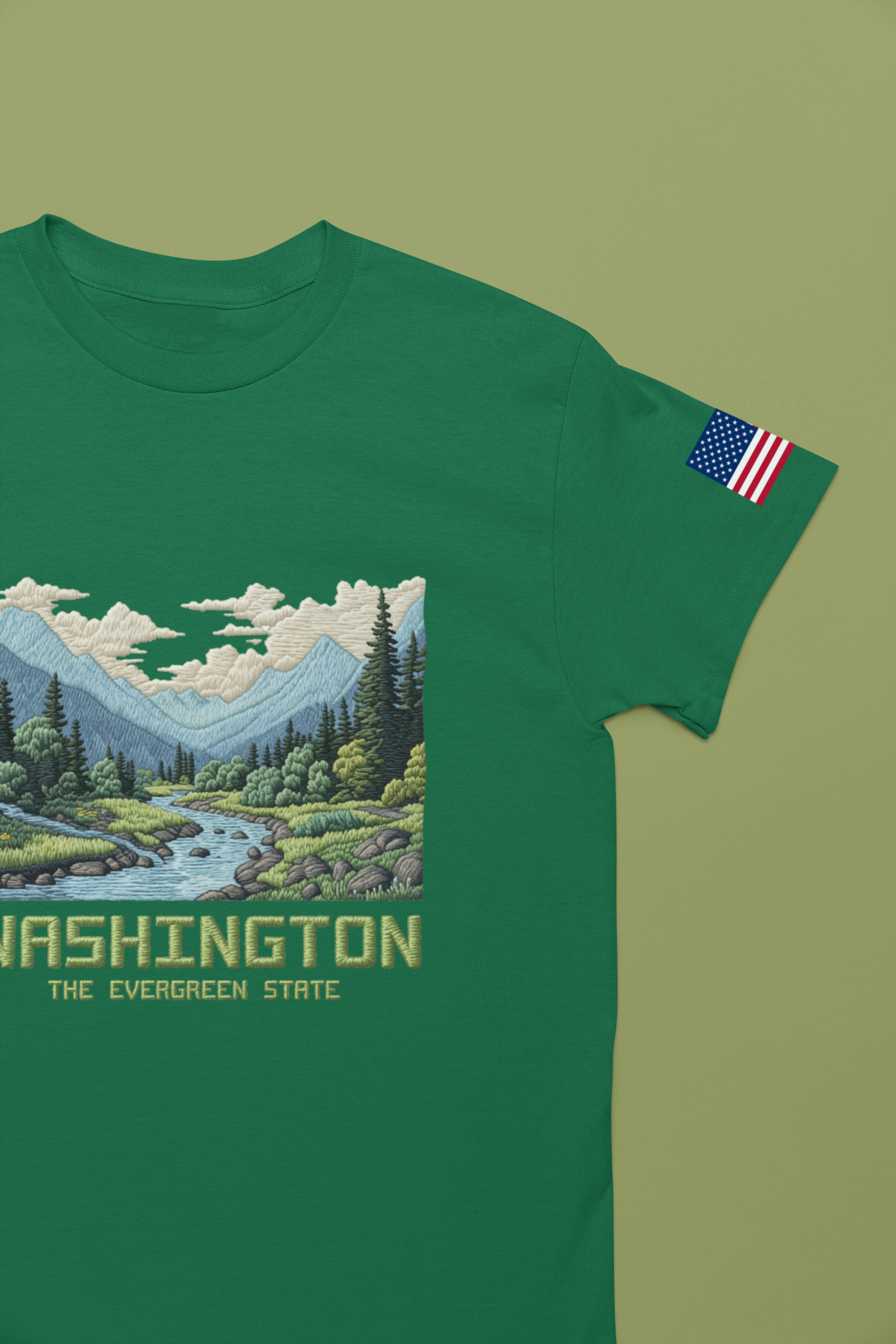 Washington The Evergreen State Embroidery-Style Mountain River Graphic T-Shirt | Pacific Northwest Nature Tee | WA Souvenir