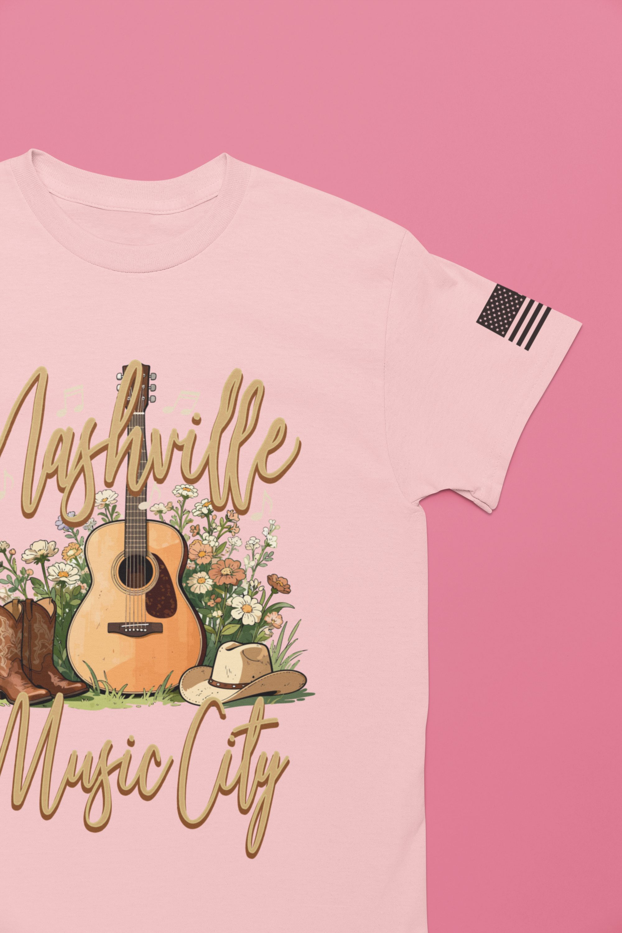 Nashville Music City T-Shirt – Acoustic Guitar Cowboy Hat Boots Floral Script Graphic Tee